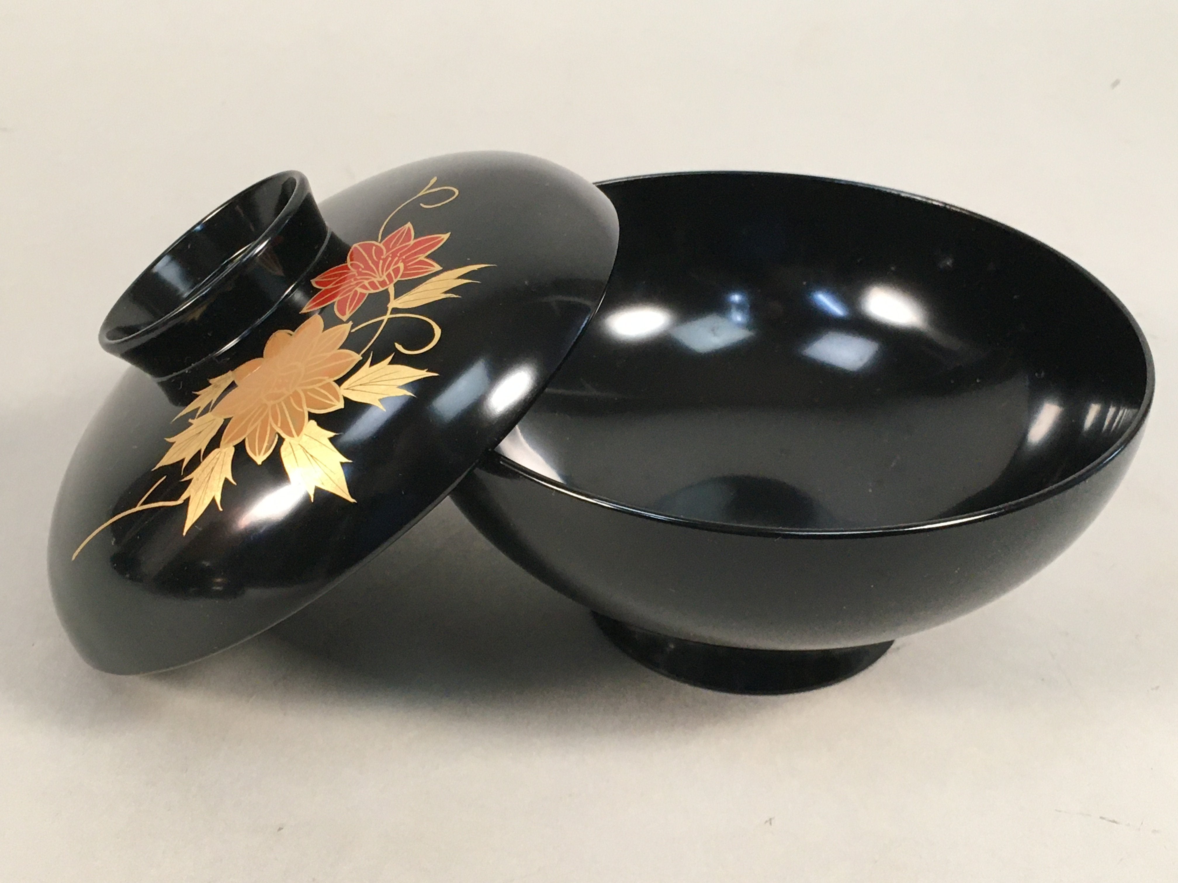 Japanese Lacquer ware Lidded Bowl Vtg Replica Black Gold Owan Soup Rice QT103