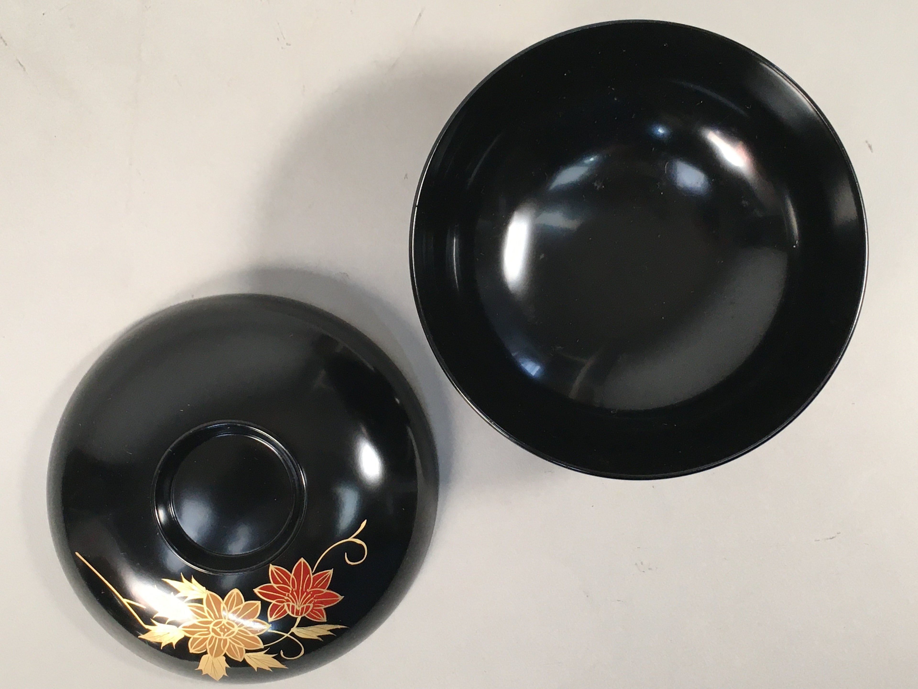 Japanese Lacquer ware Lidded Bowl Vtg Replica Black Gold Owan Soup Rice QT103