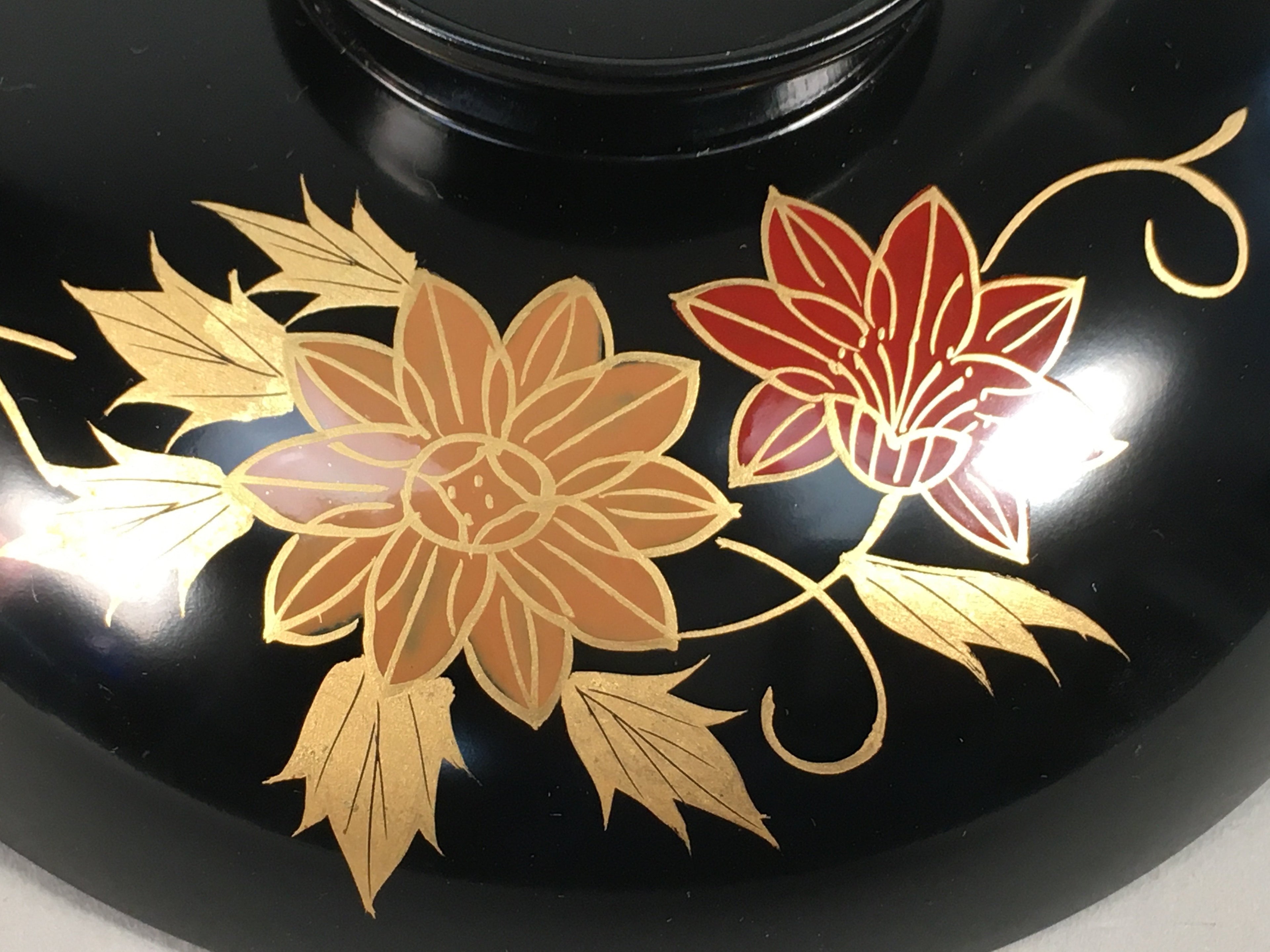 Japanese Lacquer ware Lidded Bowl Vtg Replica Black Gold Owan Soup Rice QT103