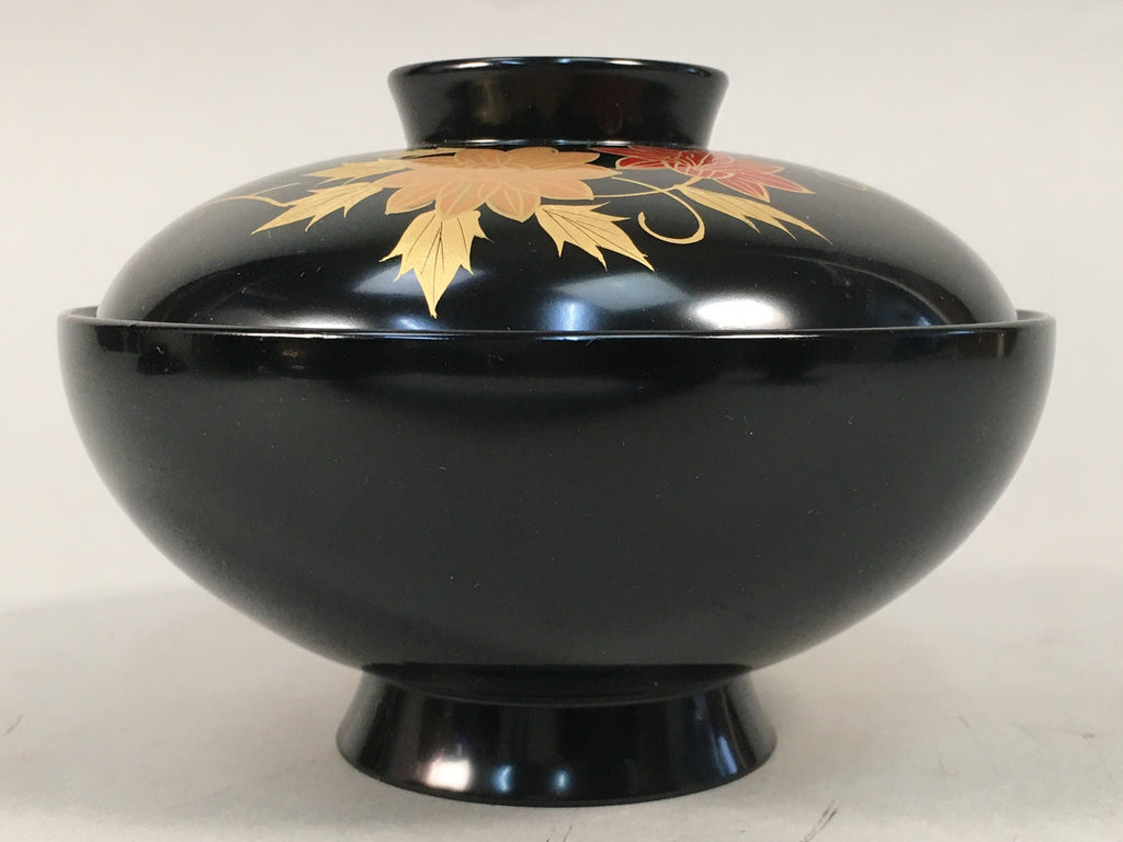 Japanese Lacquer ware Lidded Bowl Vtg Replica Black Gold Owan Soup Rice QT103