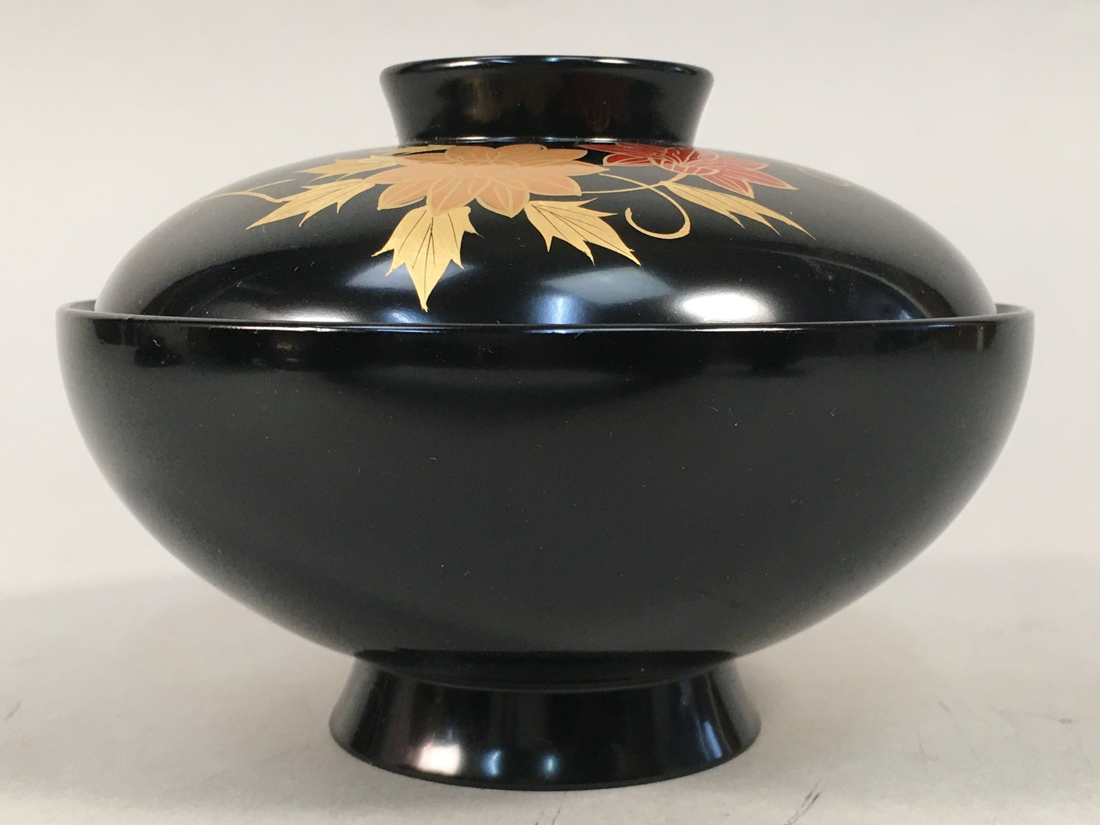 Japanese Lacquer ware Lidded Bowl Vtg Replica Black Gold Owan Soup Rice QT103