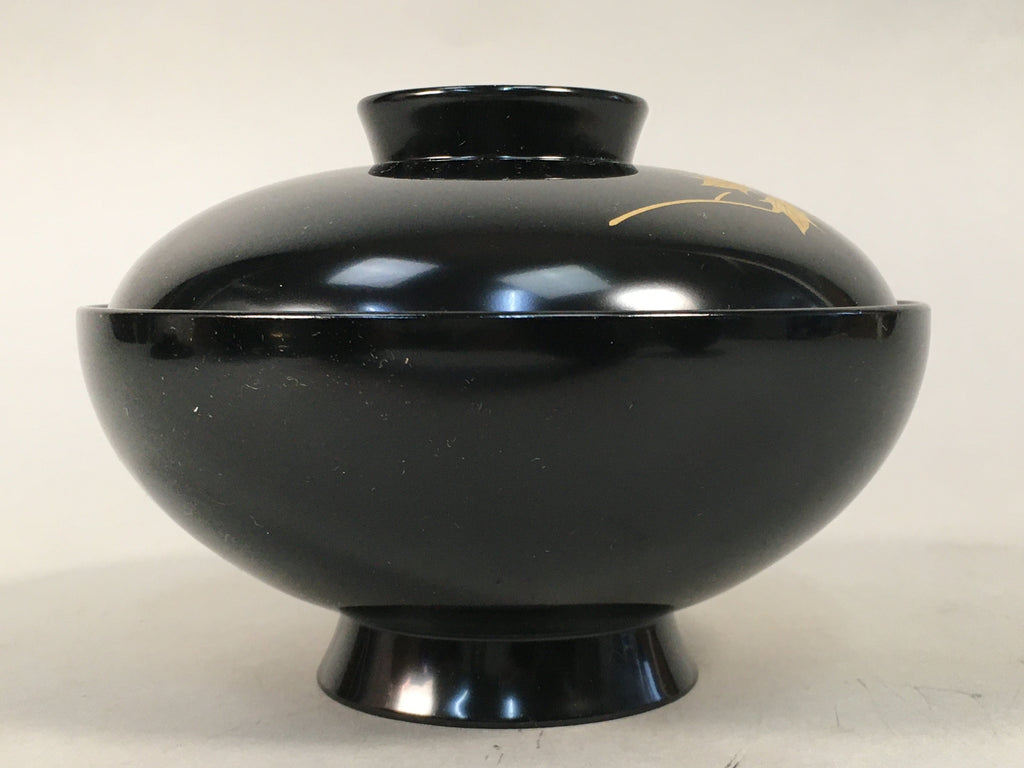 Japanese Lacquer ware Lidded Bowl Vtg Replica Black Gold Owan Soup Rice QT103