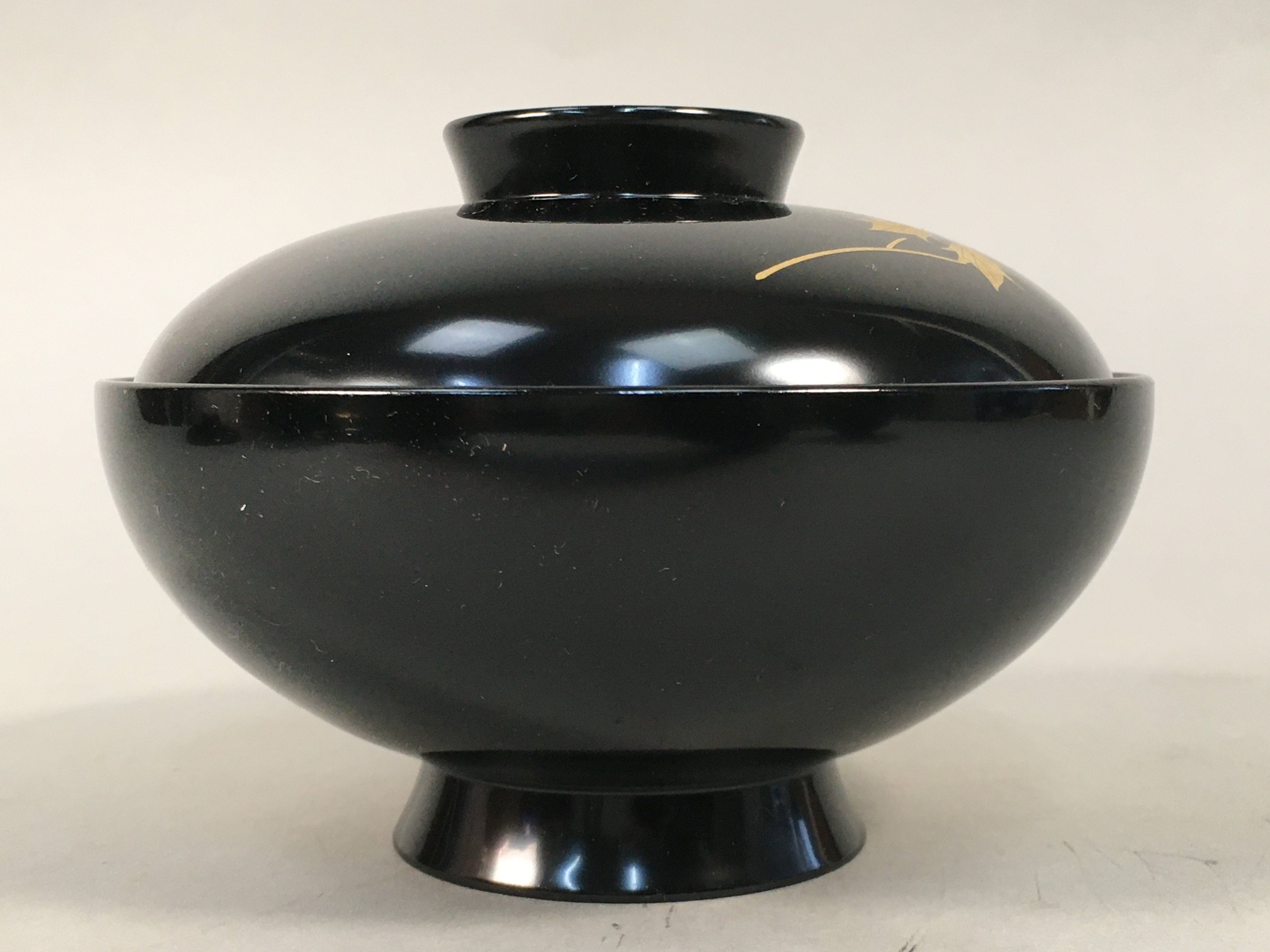 Japanese Lacquer ware Lidded Bowl Vtg Replica Black Gold Owan Soup Rice QT103