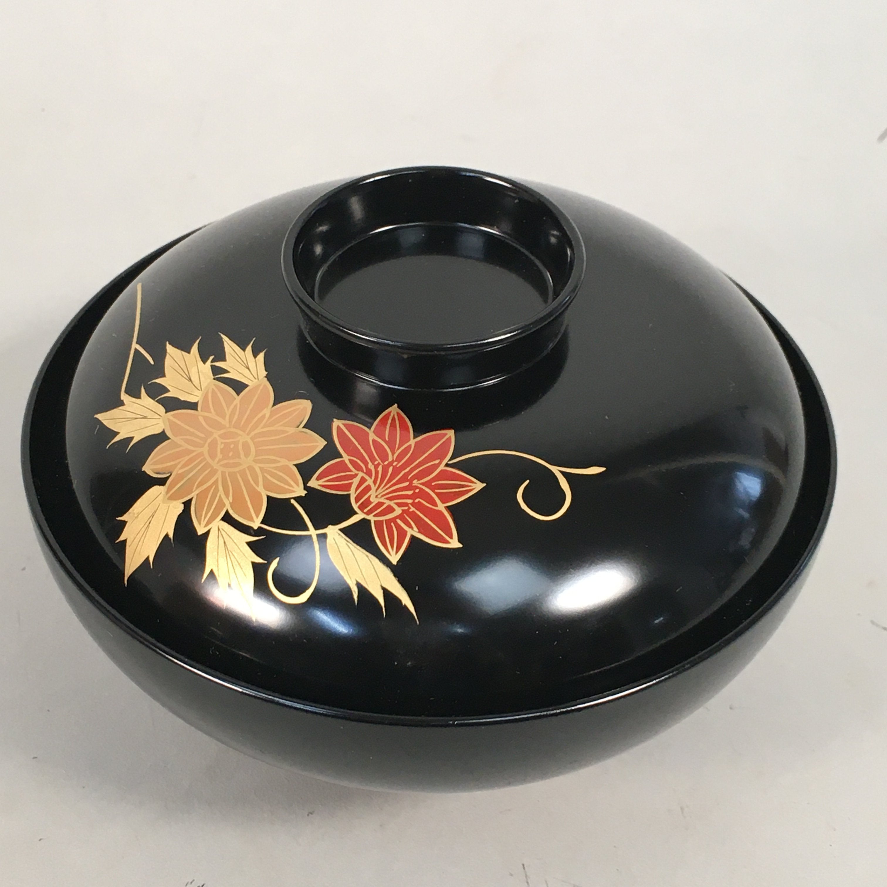 Japanese Lacquer ware Lidded Bowl Vtg Replica Black Gold Owan Soup Rice QT103