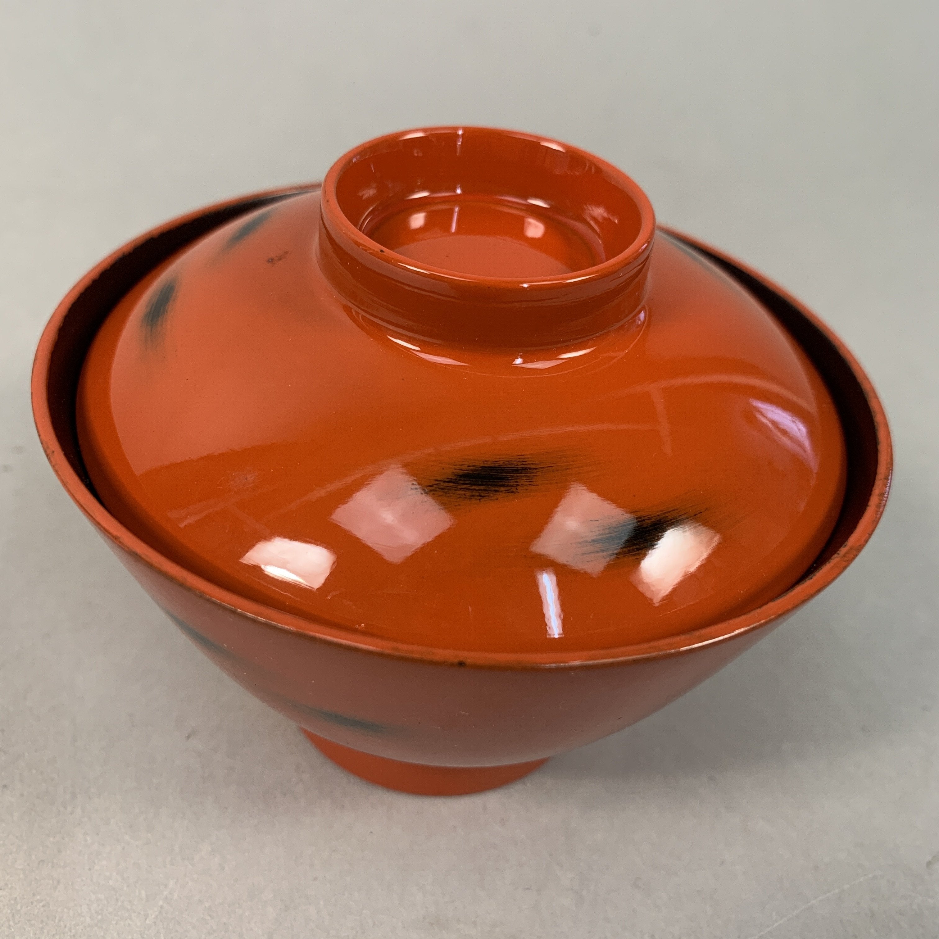Japanese Lacquer ware Lidded Bowl Vtg Replica Red Black Owan Soup Rice UR396