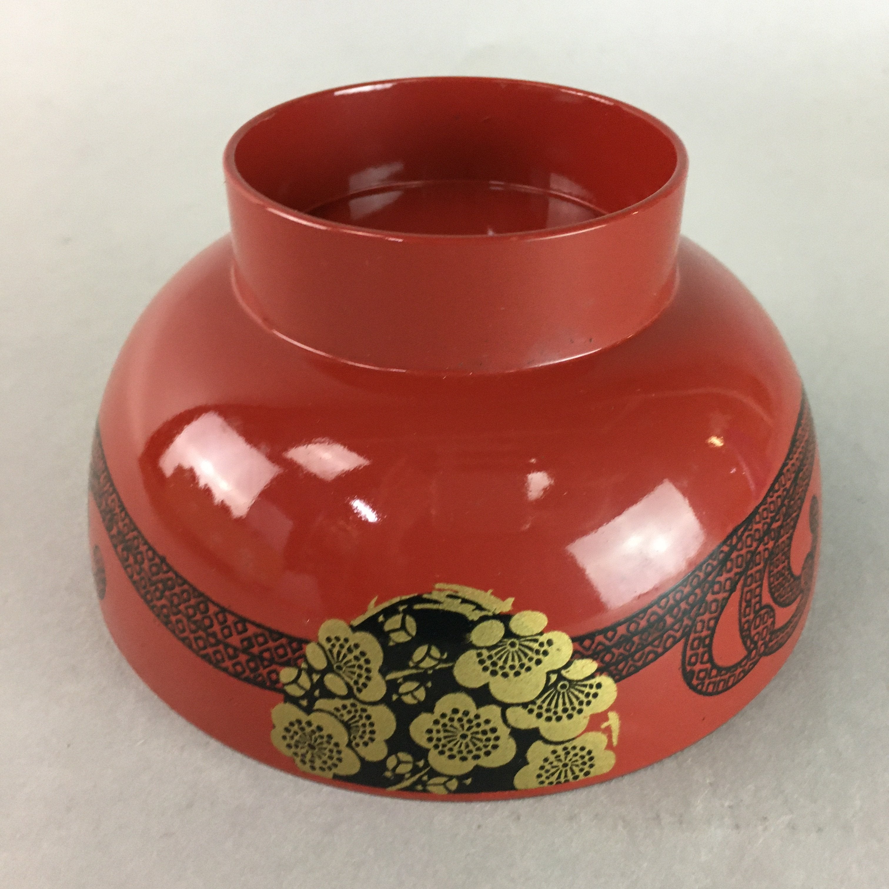 Japanese Lacquer ware Soup Bowl Replica Vtg Red Floral Gold Makie Owan QT91