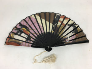 Japanese Lacquered Folding Fan Vtg Sensu Silk Bamboo Frame Kabuki 4D521