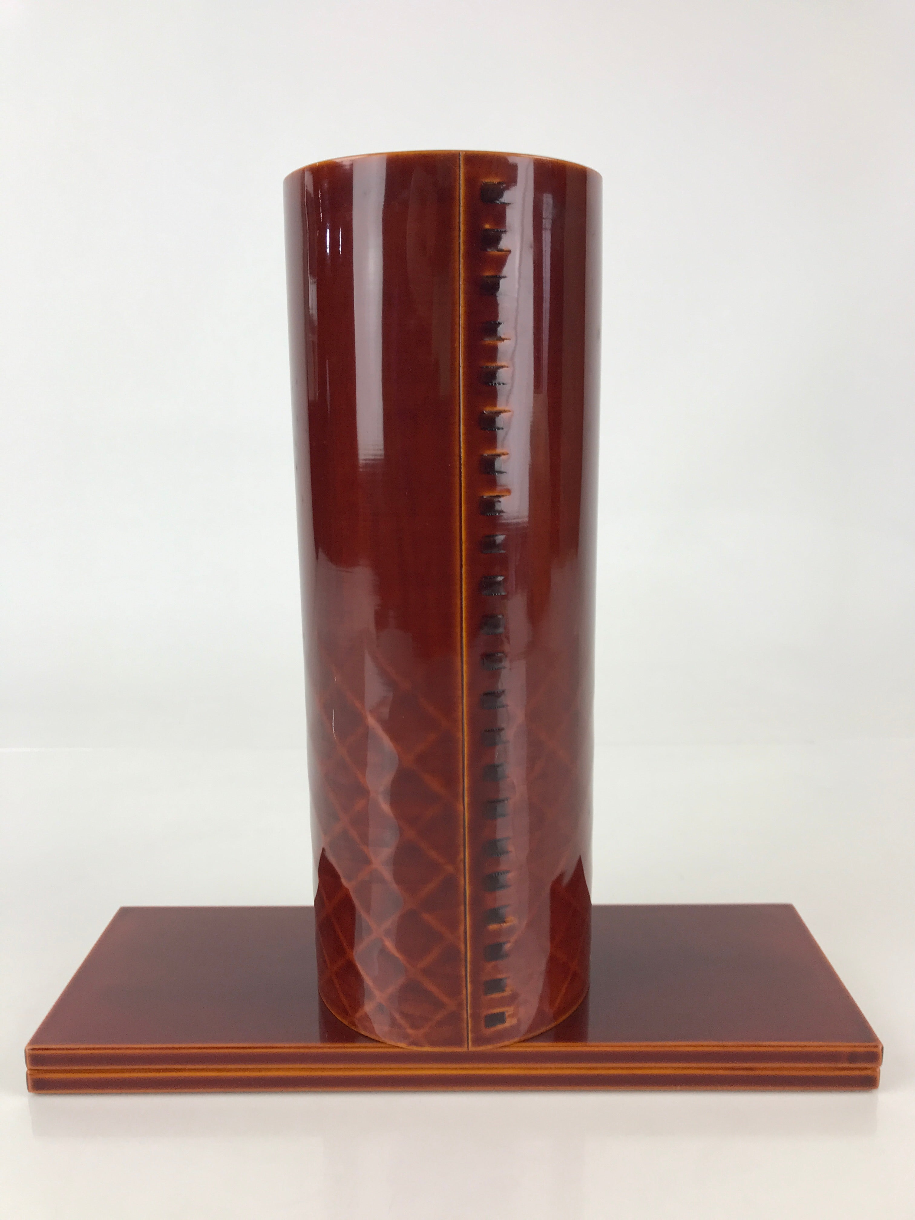 Japanese Lacquered Hida Shunkei-Nuri Flower Vase Kabin Vtg Stand Boxed PX656
