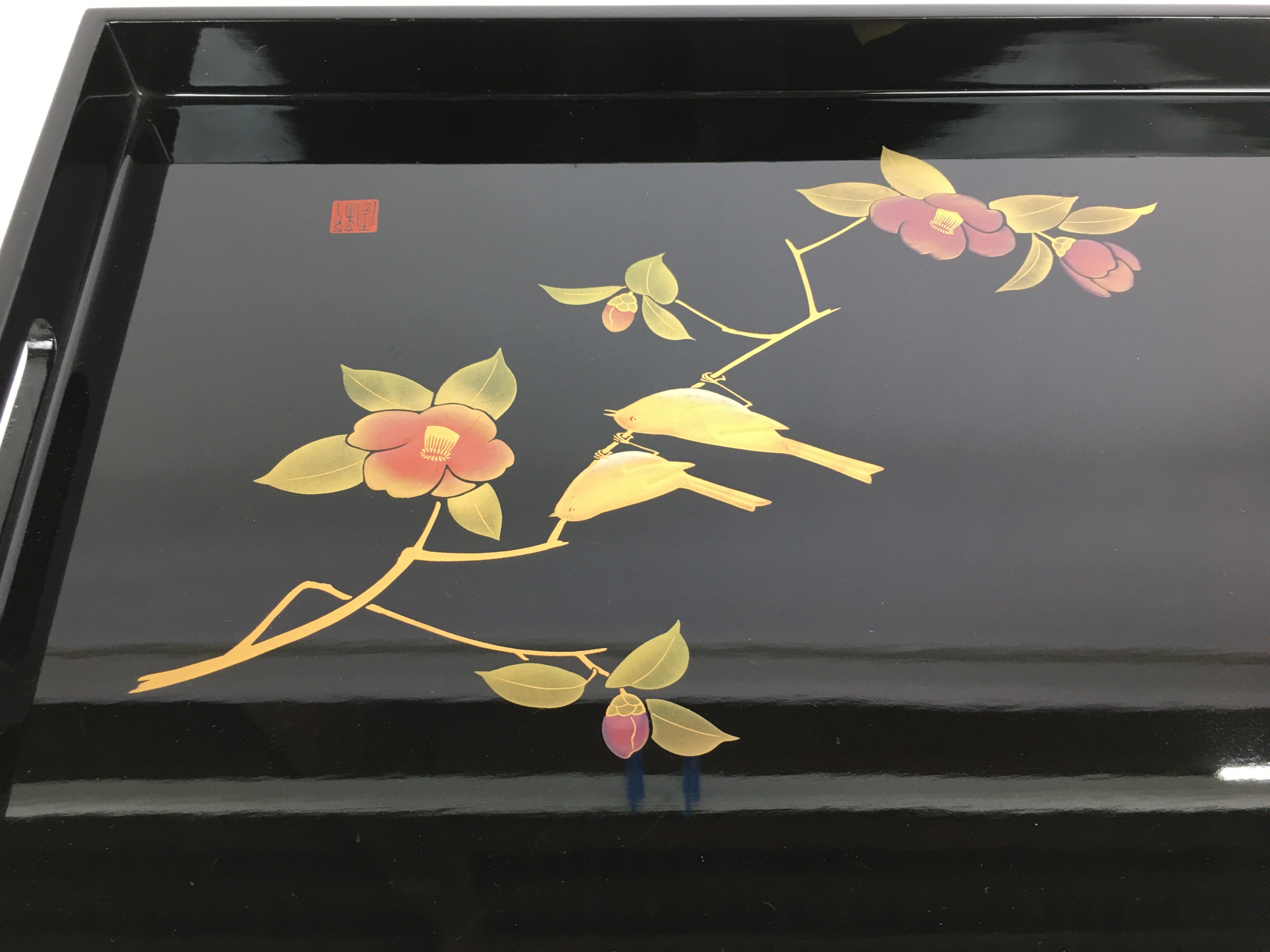 Japanese Lacquered Tray Rectangle Obon Vtg Aizu-Nuri Nurimono UR682