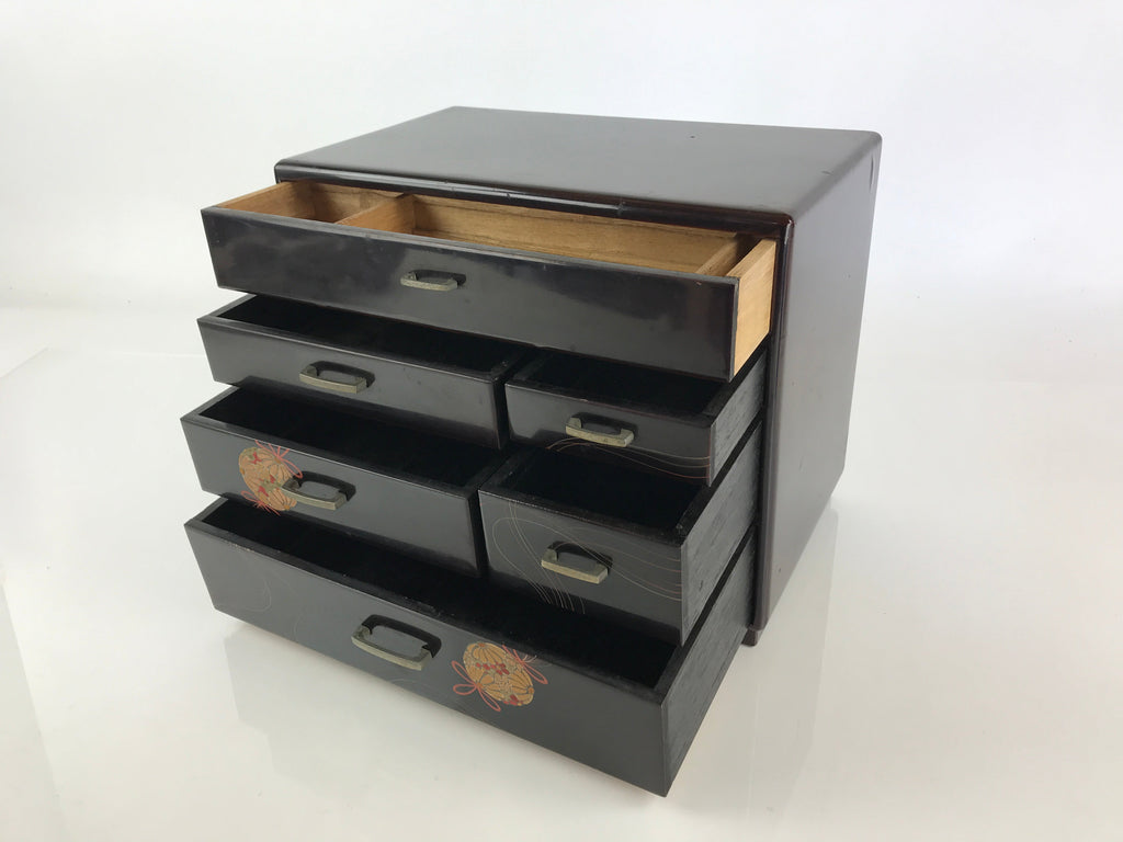 Japanese Lacquered Wooden Haribako Chest Sewing Box Vtg Makie Tansu T323