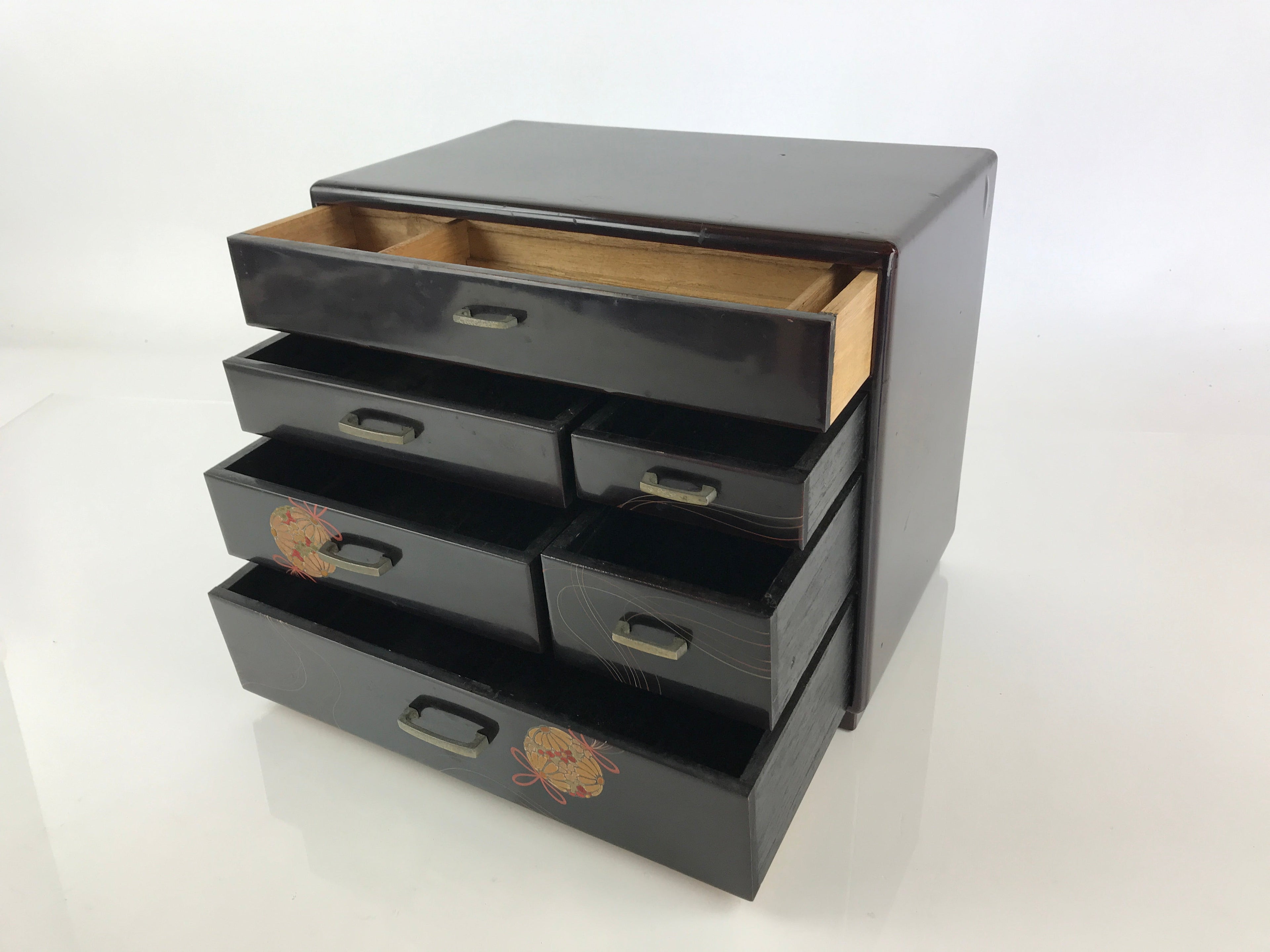 Japanese Lacquered Wooden Haribako Chest Sewing Box Vtg Makie Tansu T323