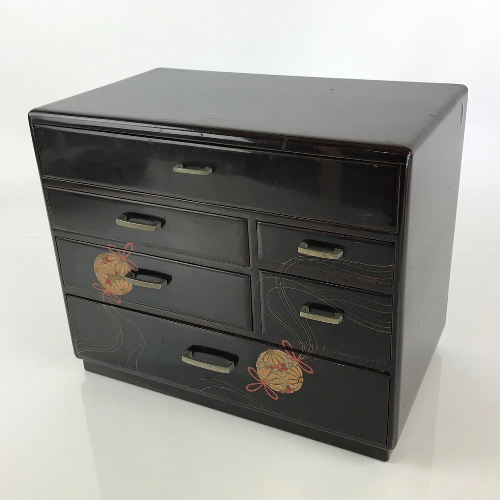 Japanese Lacquered Wooden Haribako Chest Sewing Box Vtg Makie Tansu T323