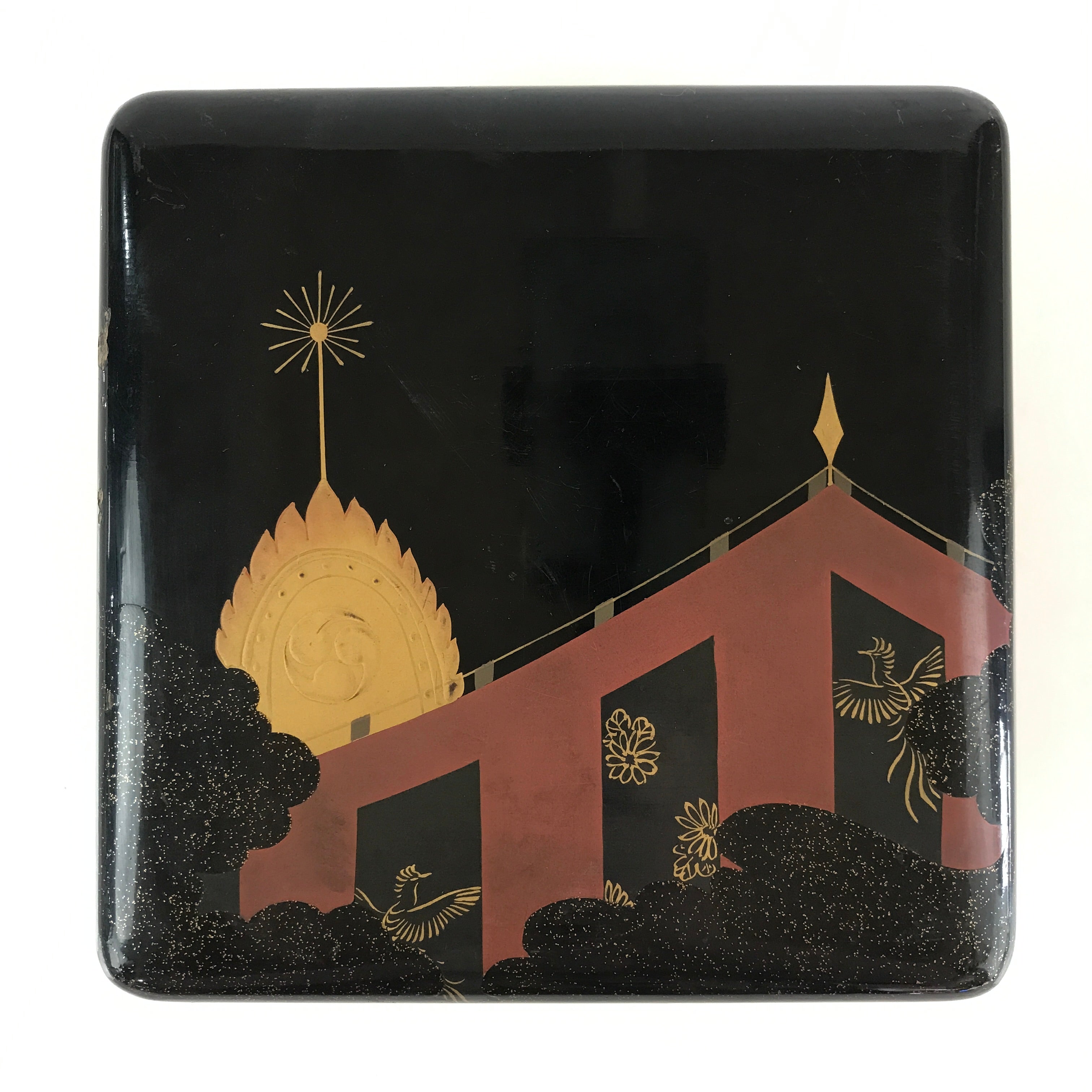 Japanese Lacquered Wooden Lidded Bento Box Vtg Maki-e Jubako UR821