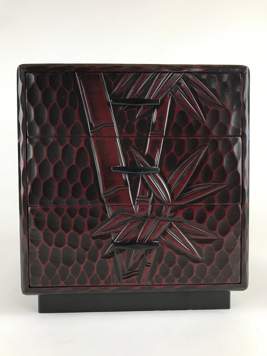 Japanese Lacquered Wooden Sewing Box Vtg Haribako Tansu Carved Bamboo T329