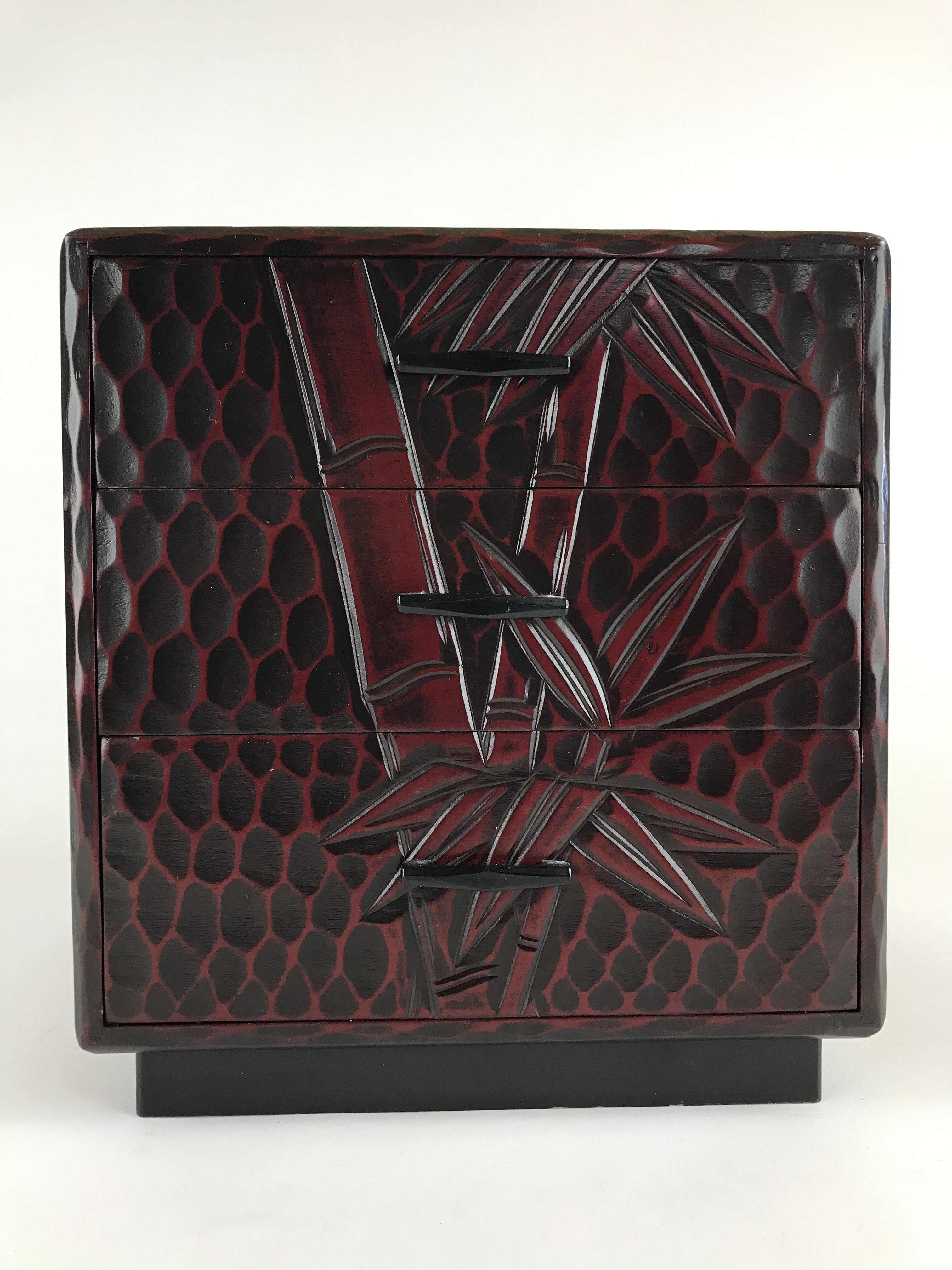 Japanese Lacquered Wooden Sewing Box Vtg Haribako Tansu Carved Bamboo T329