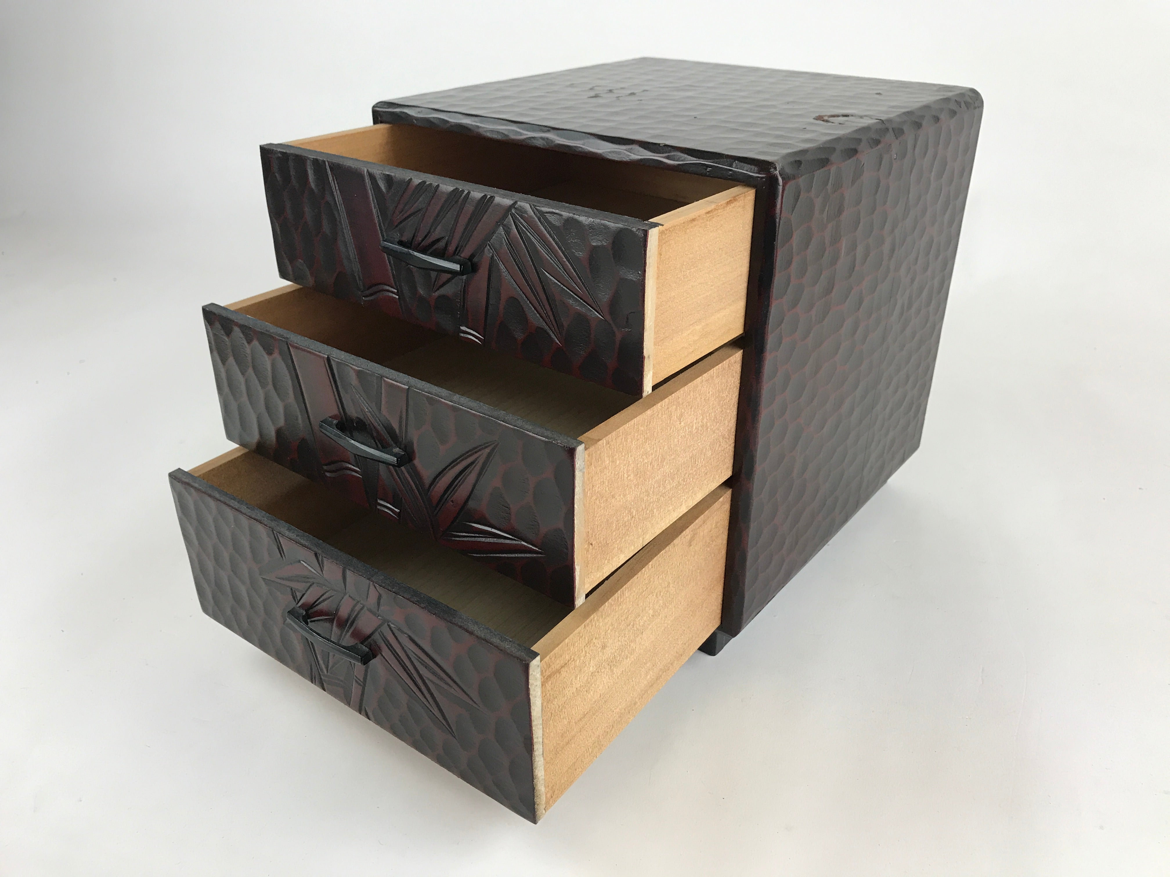 Japanese Lacquered Wooden Sewing Box Vtg Haribako Tansu Carved Bamboo ...