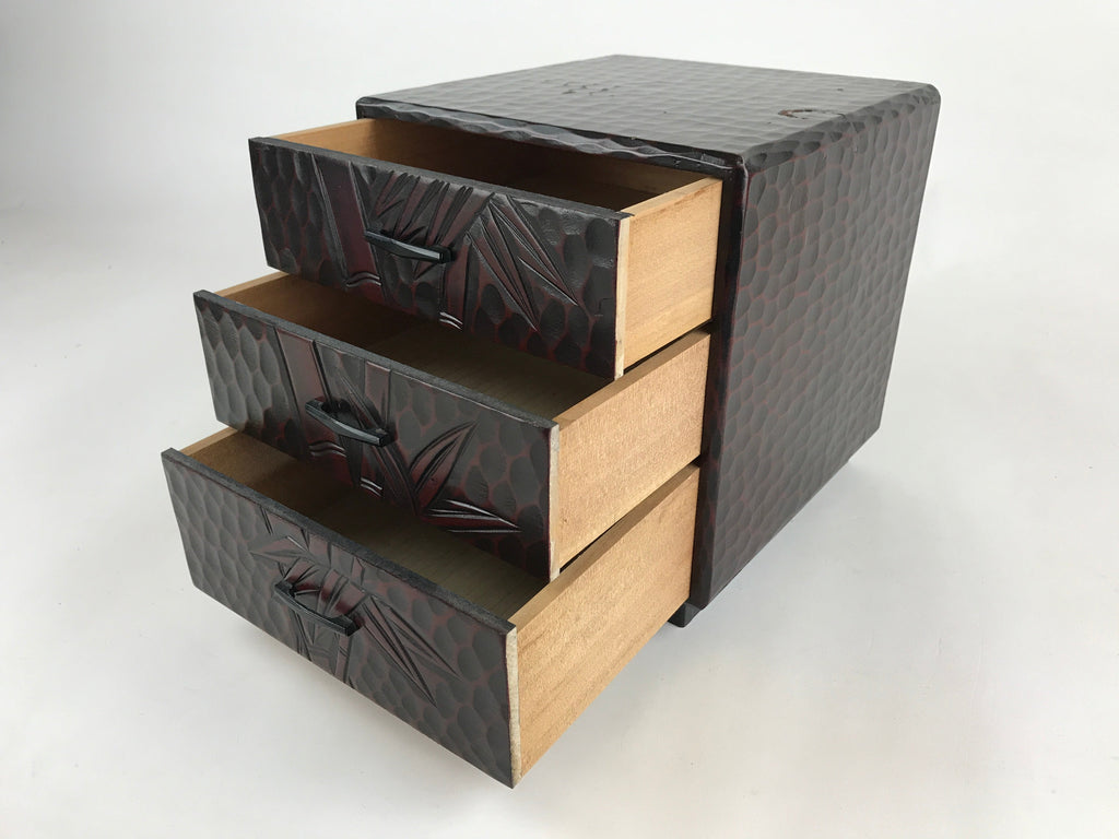 Japanese Lacquered Wooden Sewing Box Vtg Haribako Tansu Carved Bamboo T329