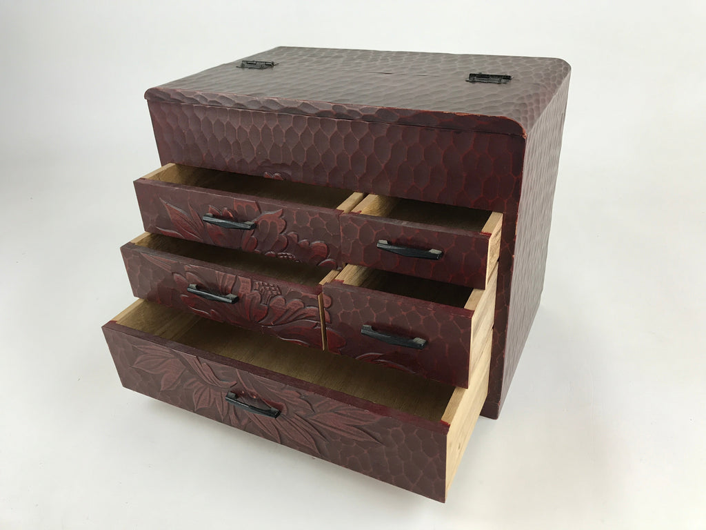 Japanese Lacquered Wooden Sewing Box Vtg Haribako Tansu Carved Peony T330