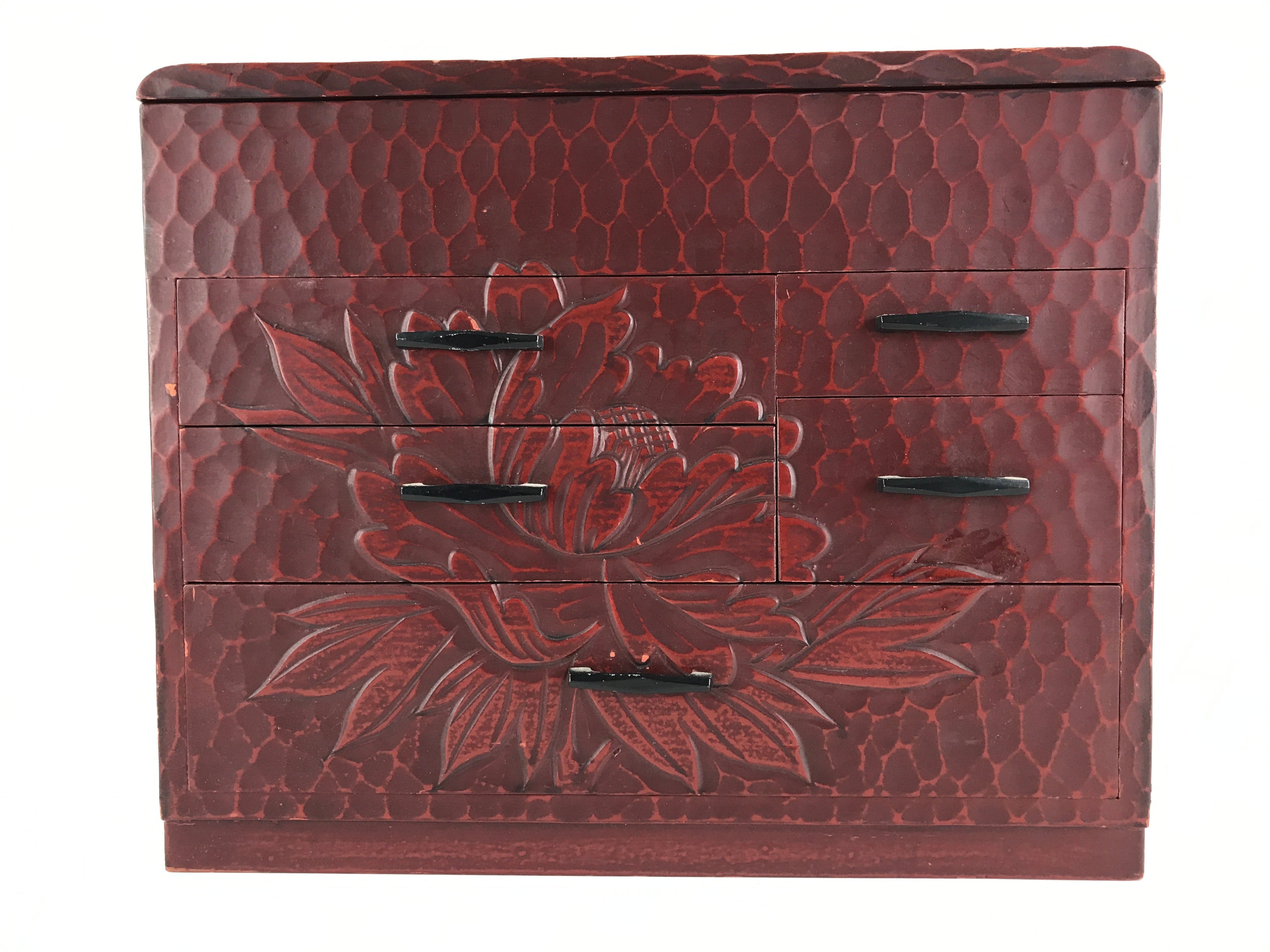 Japanese Lacquered Wooden Sewing Box Vtg Haribako Tansu Carved Peony T330