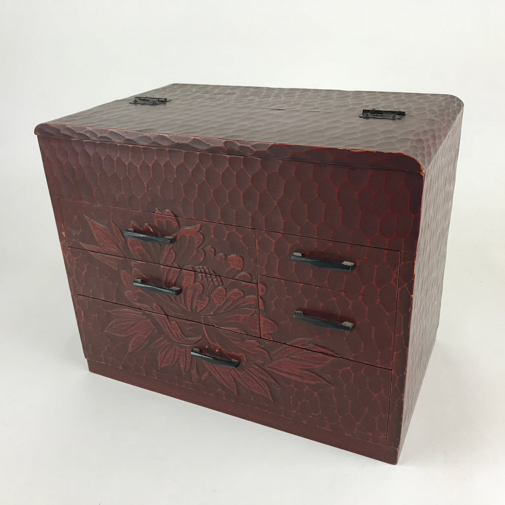 Japanese Lacquered Wooden Sewing Box Vtg Haribako Tansu Carved Peony T330