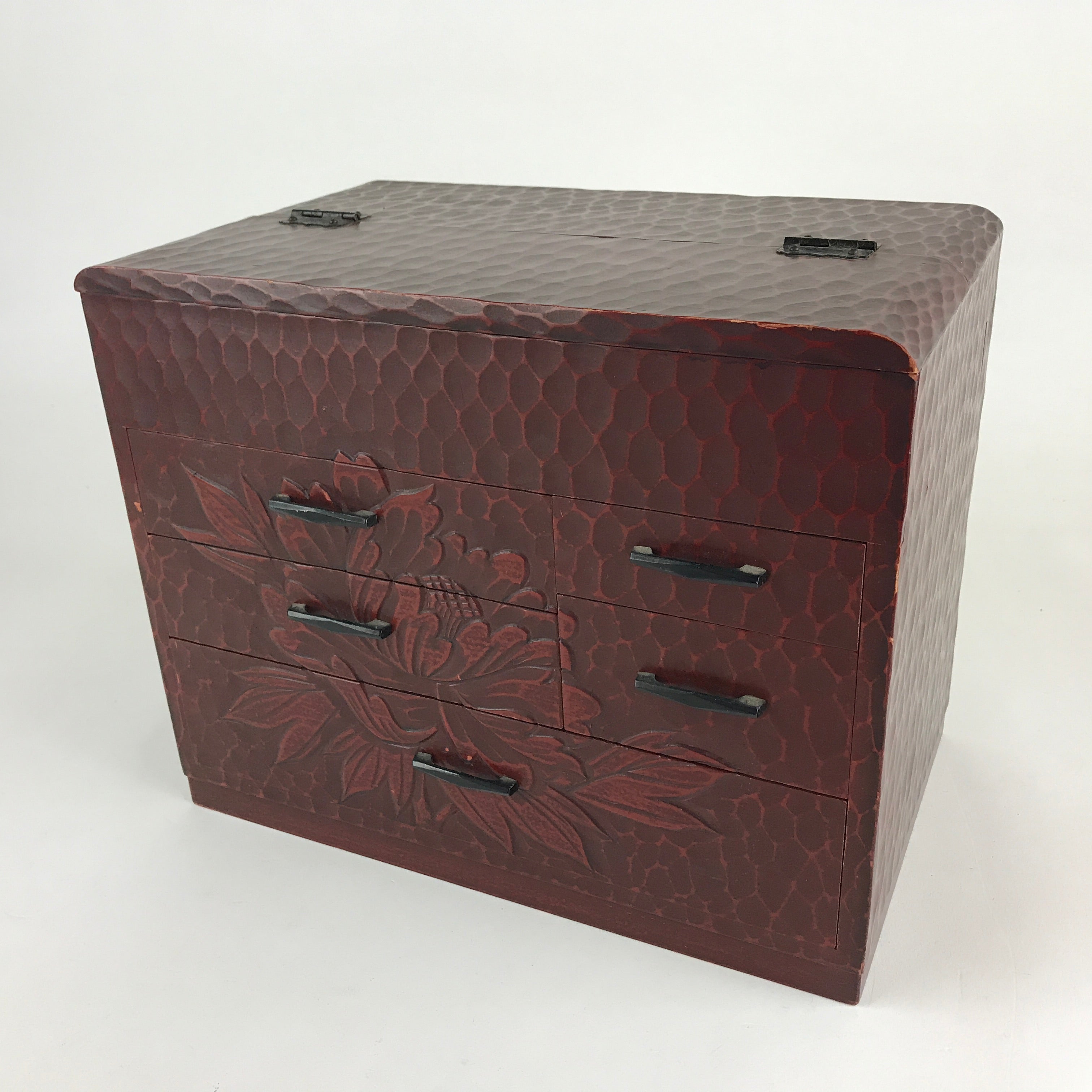 Japanese Lacquered Wooden Sewing Box Vtg Haribako Tansu Carved Peony T330