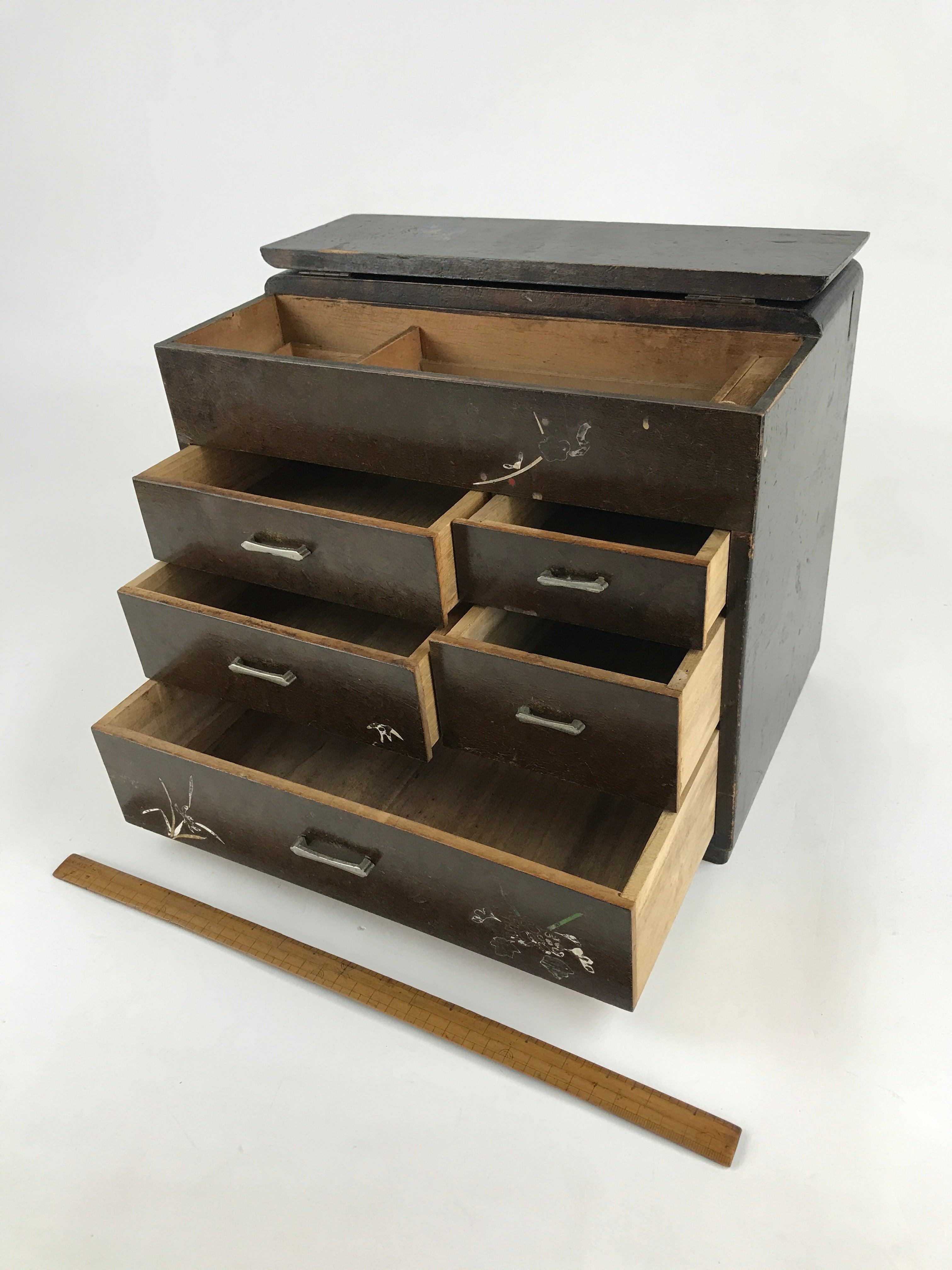 Japanese Lacquered Wooden Sewing Box Vtg Haribako Tansu Maki-e Flowers T331