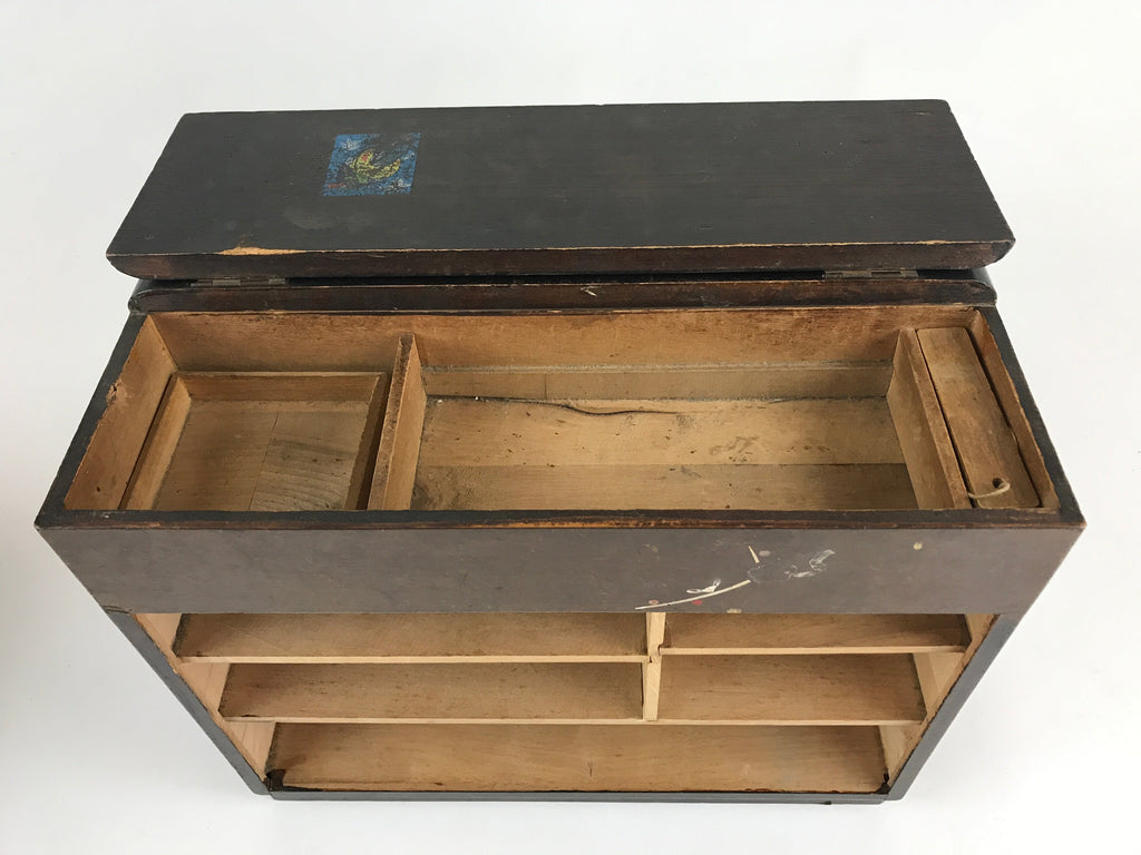 Japanese Lacquered Wooden Sewing Box Vtg Haribako Tansu Maki-e Flowers T331