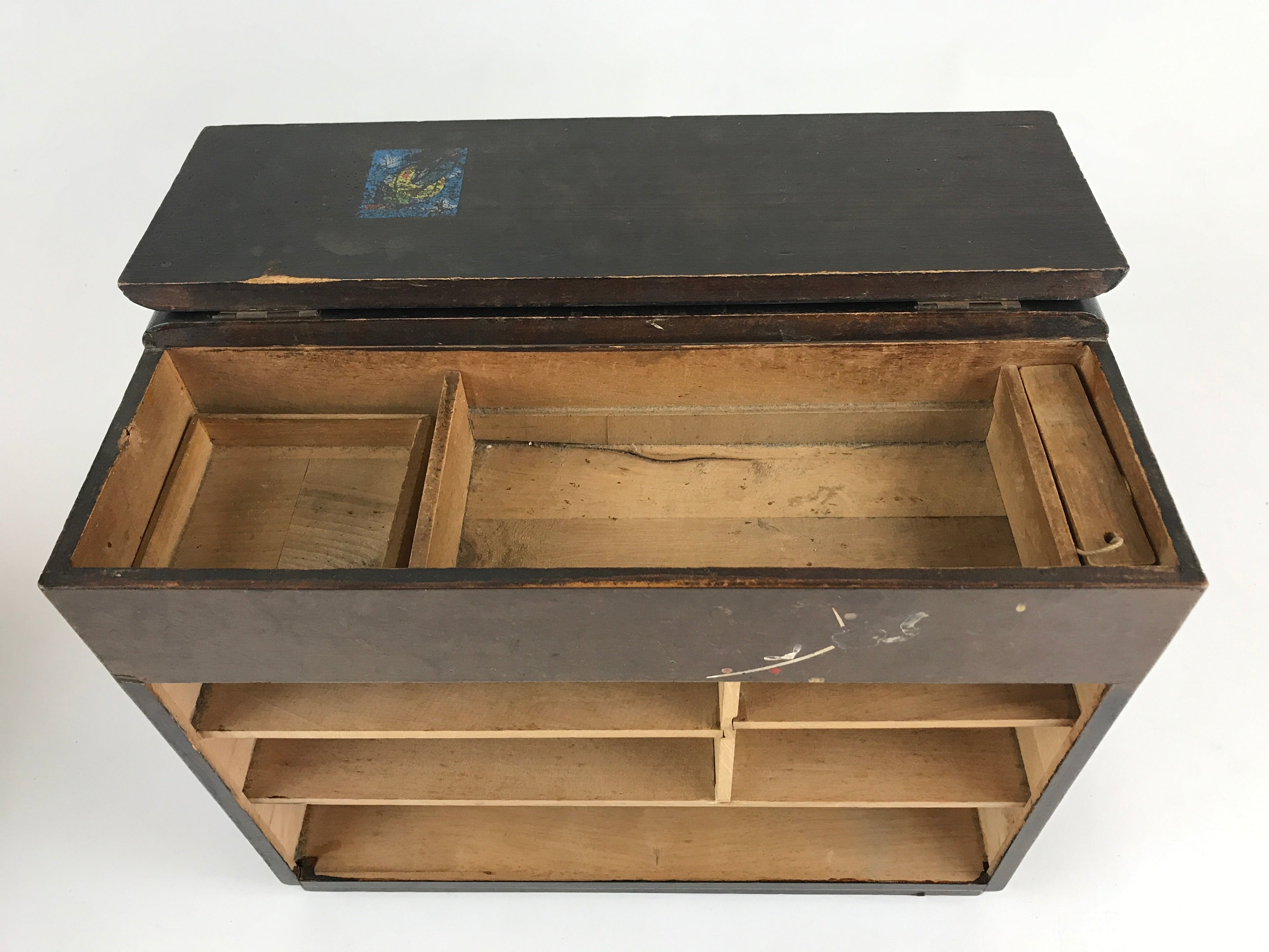 Japanese Lacquered Wooden Sewing Box Vtg Haribako Tansu Maki-e Flowers T331