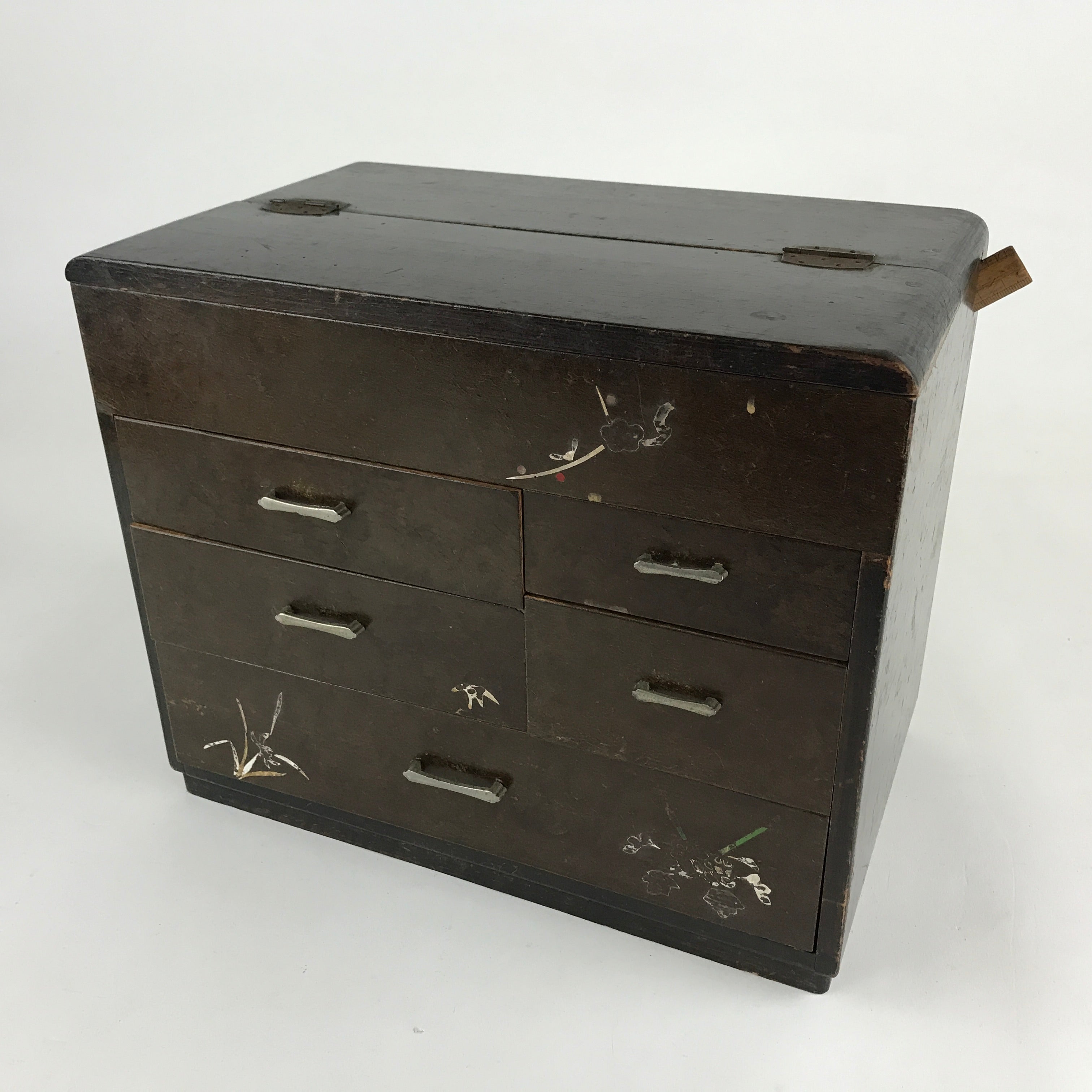 Japanese Lacquered Wooden Sewing Box Vtg Haribako Tansu Maki-e Flowers T331