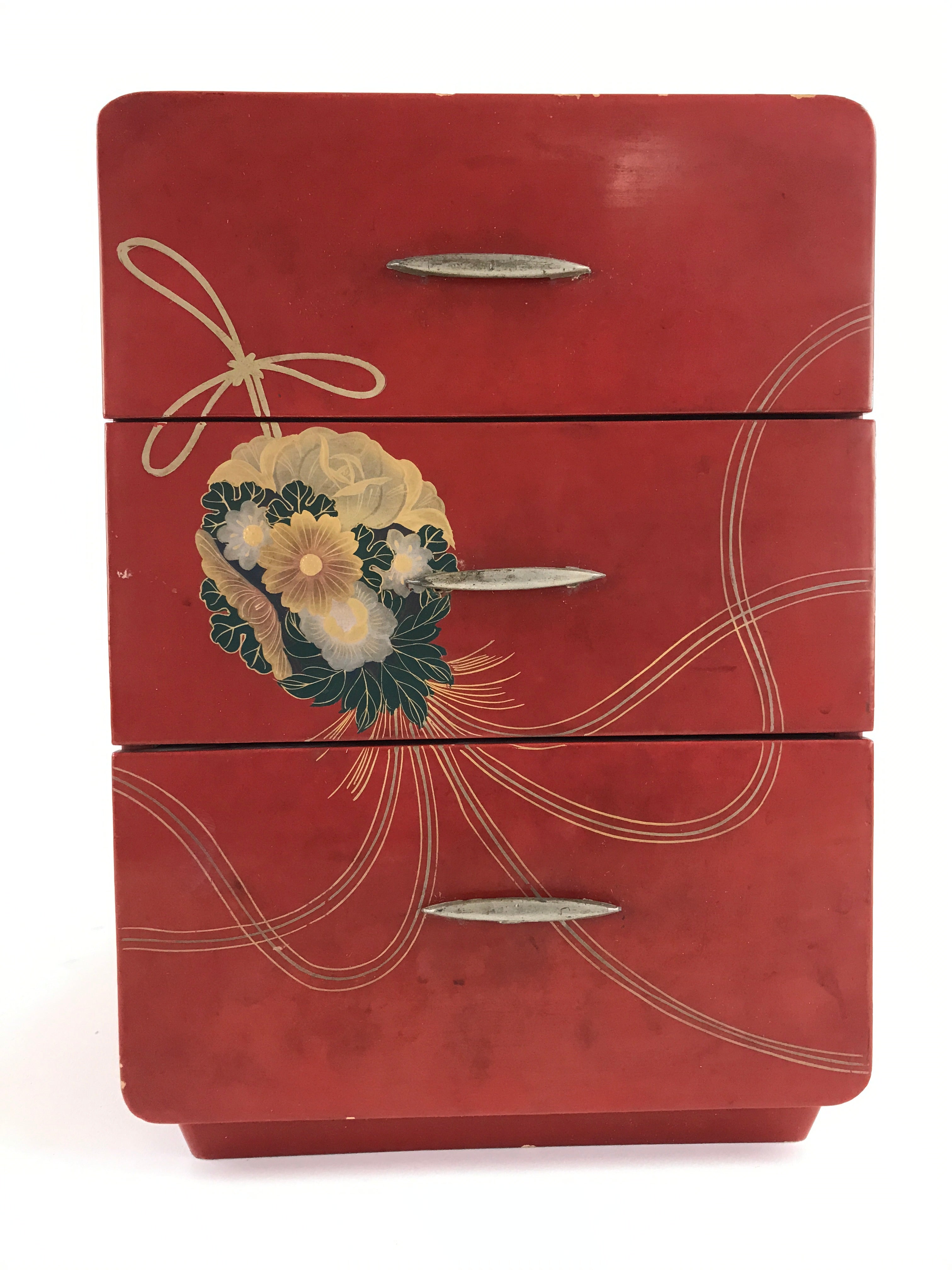 Japanese Lacquered Wooden Sewing Box Vtg Maki-e Haribako Chest Tansu T326