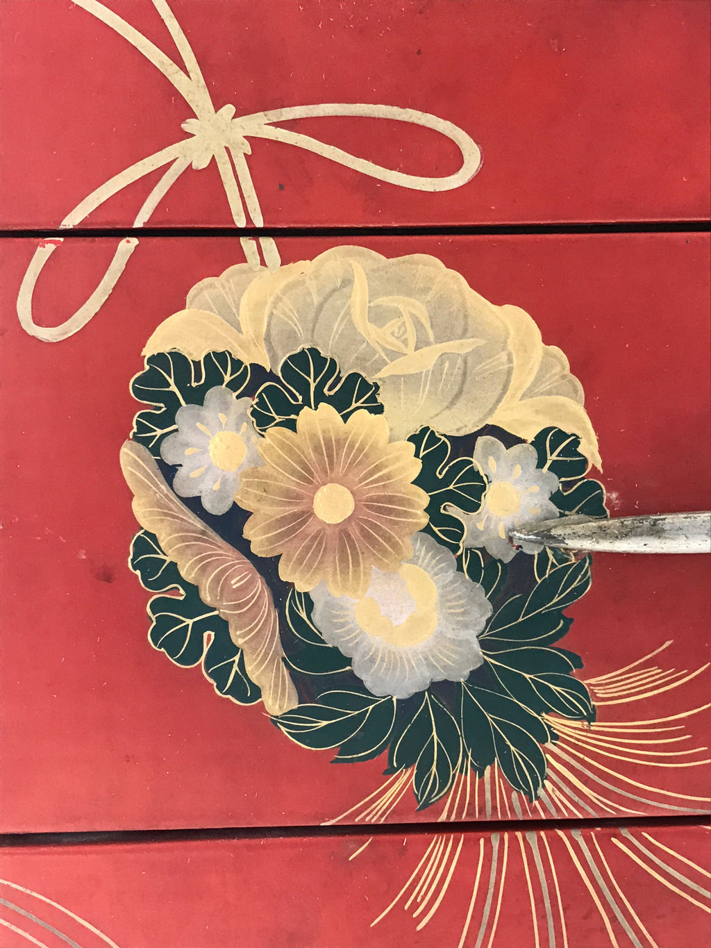Japanese Lacquered Wooden Sewing Box Vtg Maki-e Haribako Chest Tansu T326