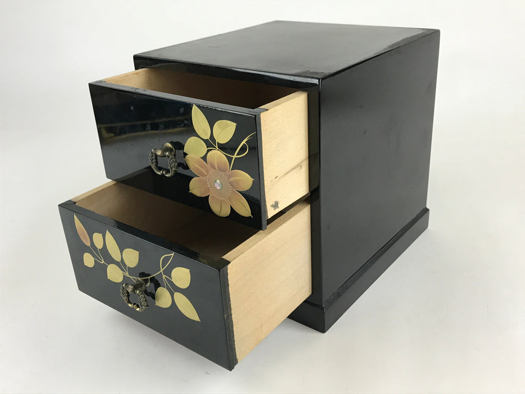 Japanese Lacquered Wooden Sewing Box Vtg Raden Maki-e Haribako Tansu T327