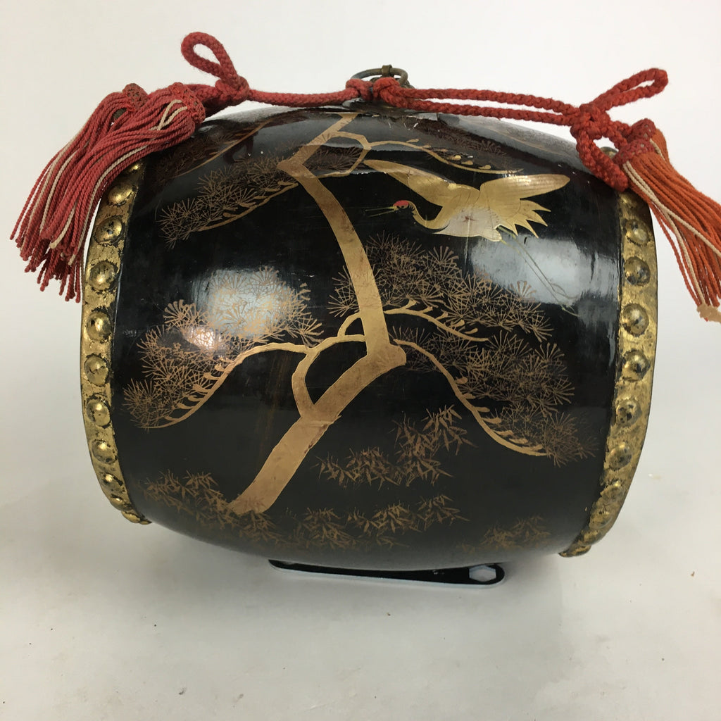 Japanese Lacquered Wooden Taiko Drum Vtg Crane Pine Tree Boy's Day BD678