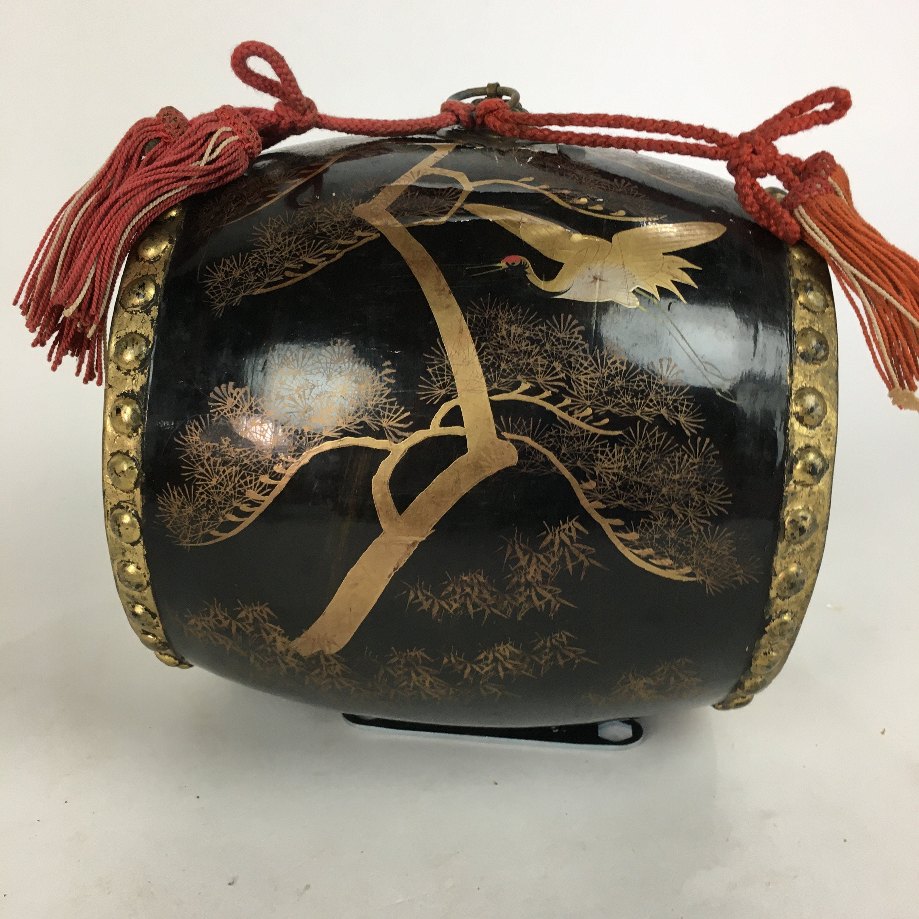 Japanese Lacquered Wooden Taiko Drum Vtg Crane Pine Tree Boy's Day BD678