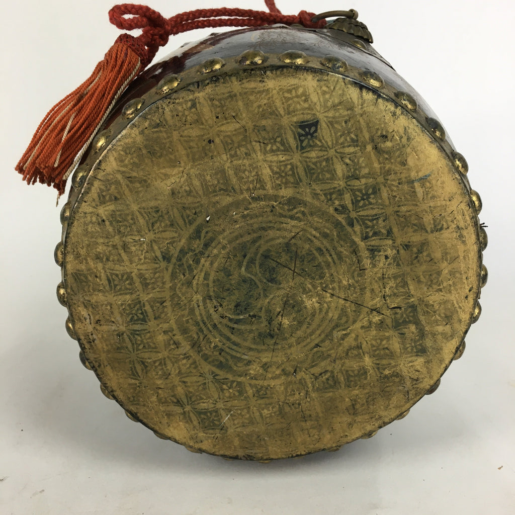 Japanese Lacquered Wooden Taiko Drum Vtg Crane Pine Tree Boy's Day BD678