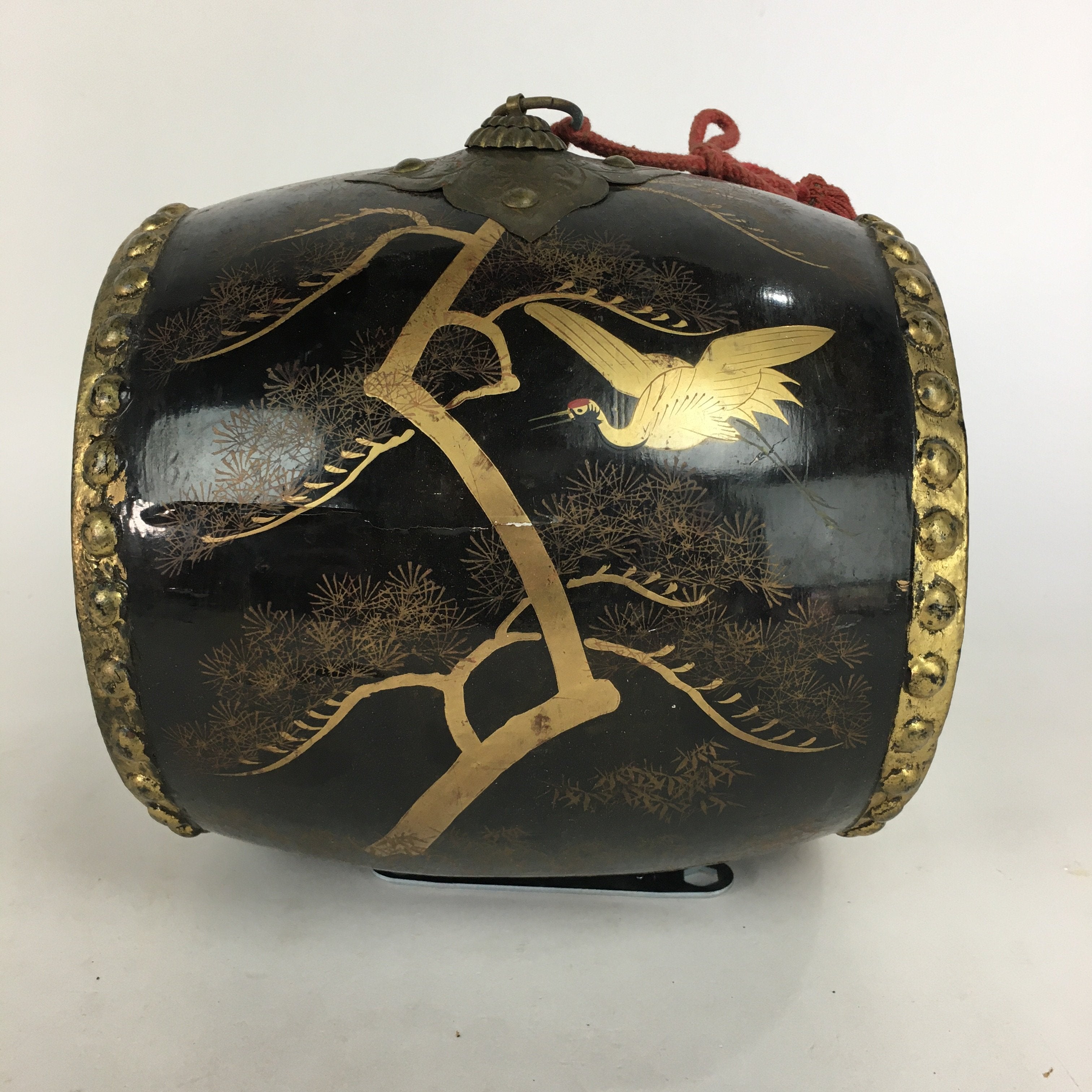 Japanese Lacquered Wooden Taiko Drum Vtg Crane Pine Tree Boy's Day BD678