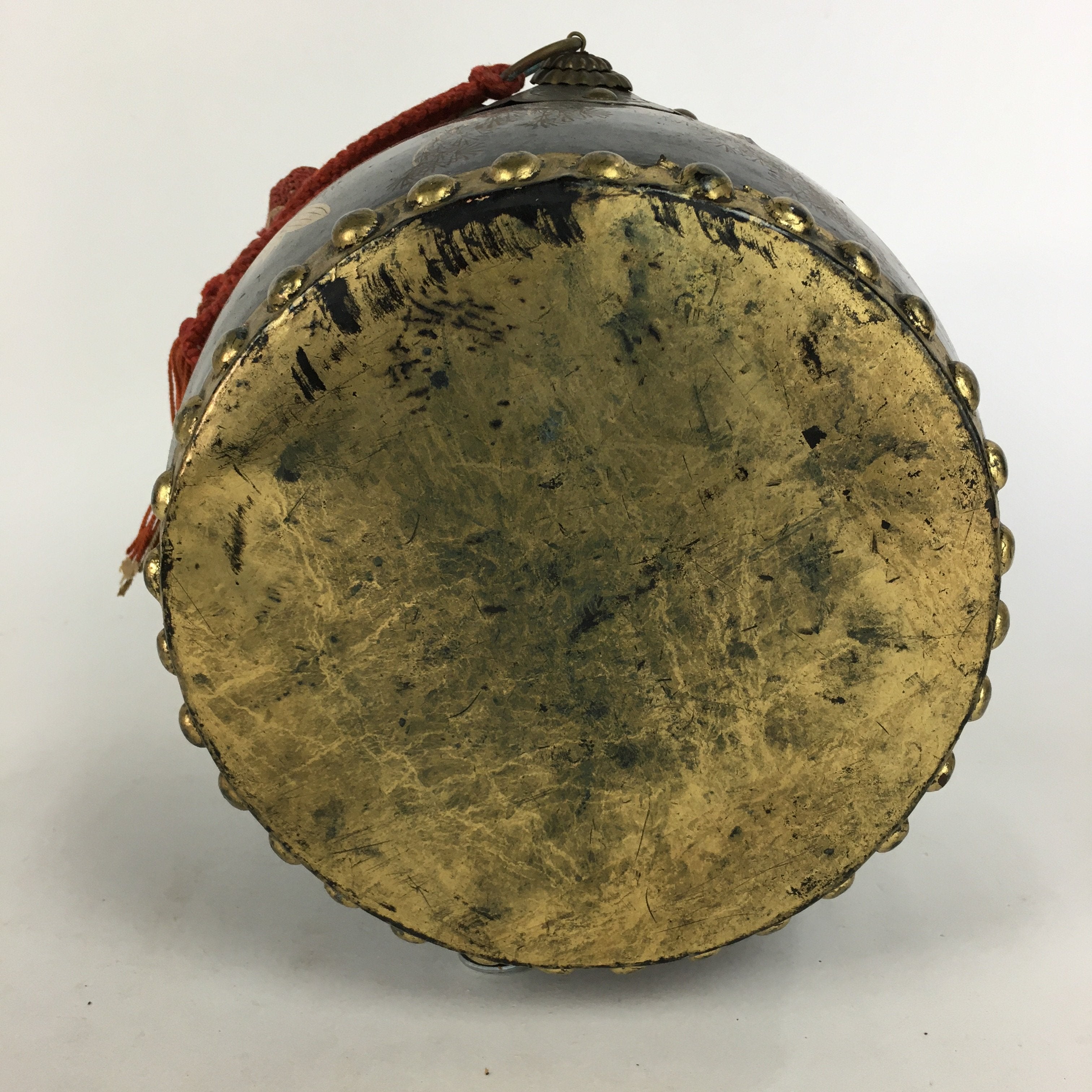 Japanese Lacquered Wooden Taiko Drum Vtg Crane Pine Tree Boy's Day BD678