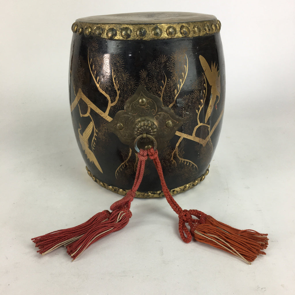 Japanese Lacquered Wooden Taiko Drum Vtg Crane Pine Tree Boy's Day BD678