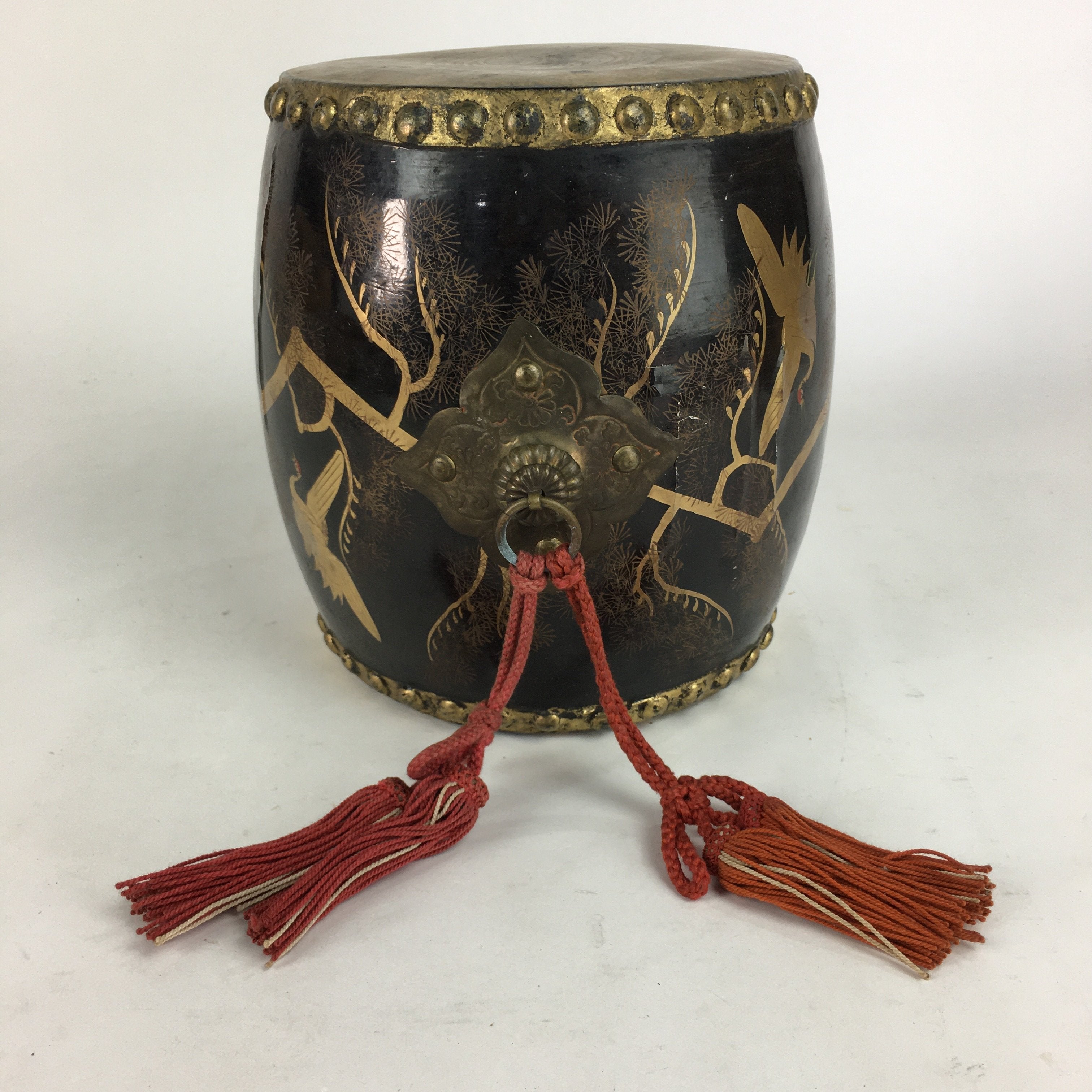 Japanese Lacquered Wooden Taiko Drum Vtg Crane Pine Tree Boy's Day BD678