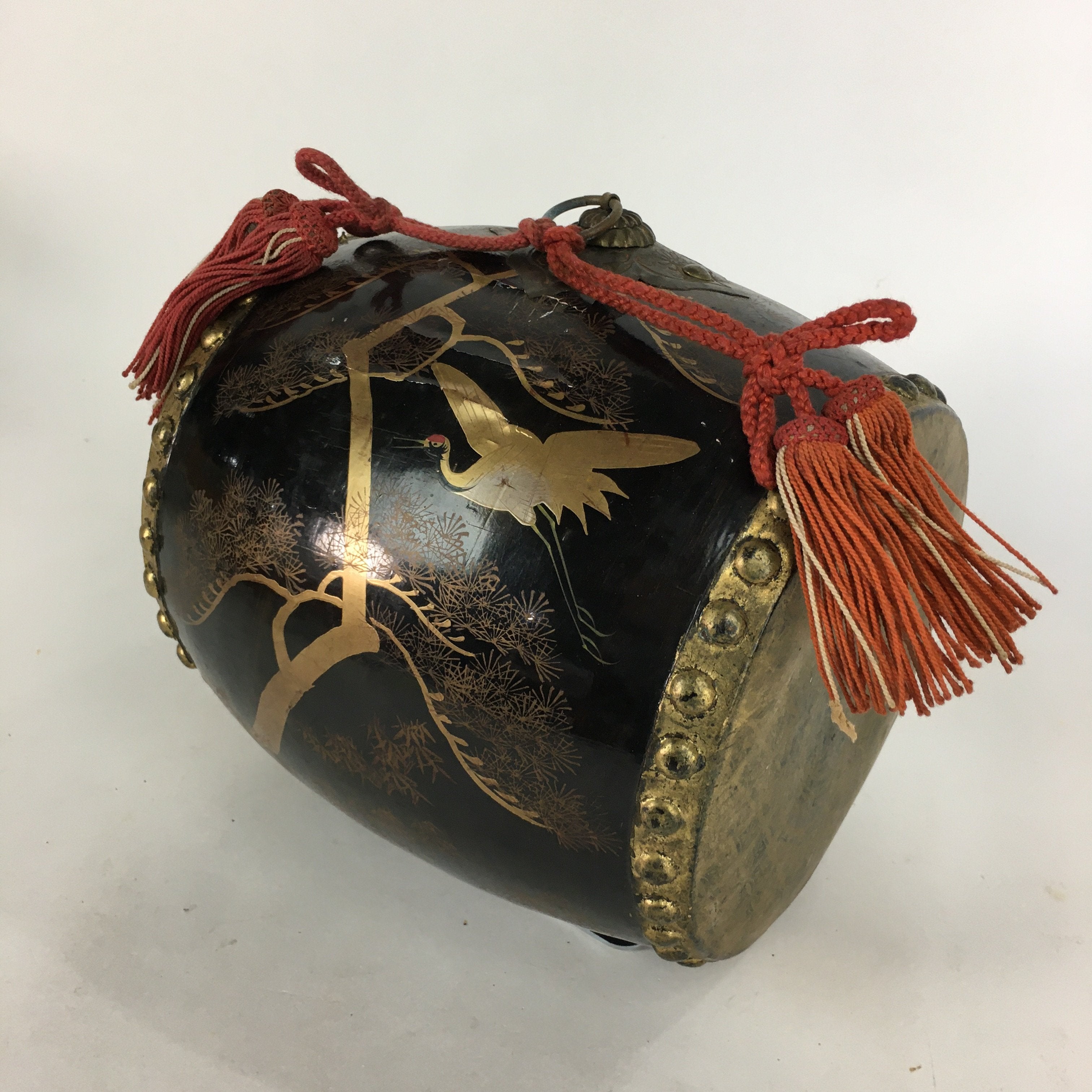 Japanese Lacquered Wooden Taiko Drum Vtg Crane Pine Tree Boy's Day BD678