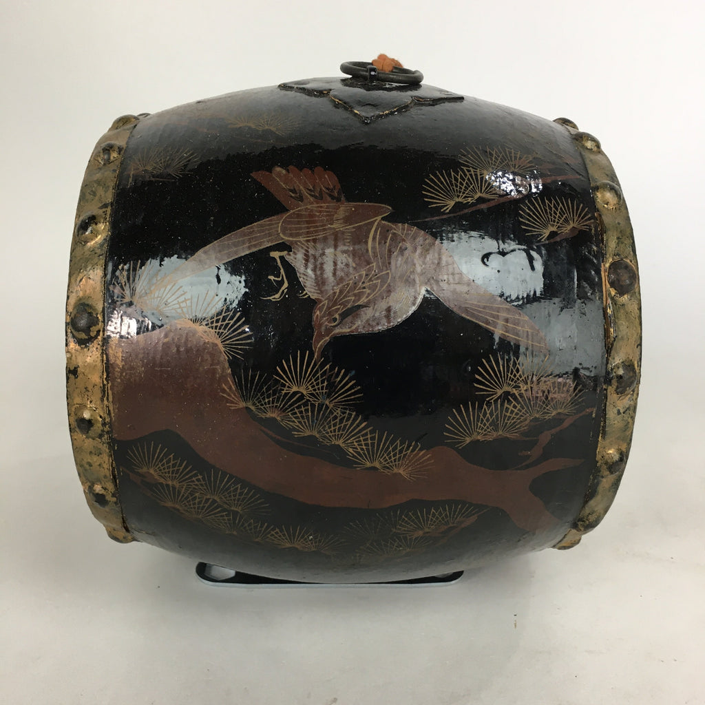 Japanese Lacquered Wooden Taiko Drum Vtg Hawk Pine Tree Boy's Day BD679