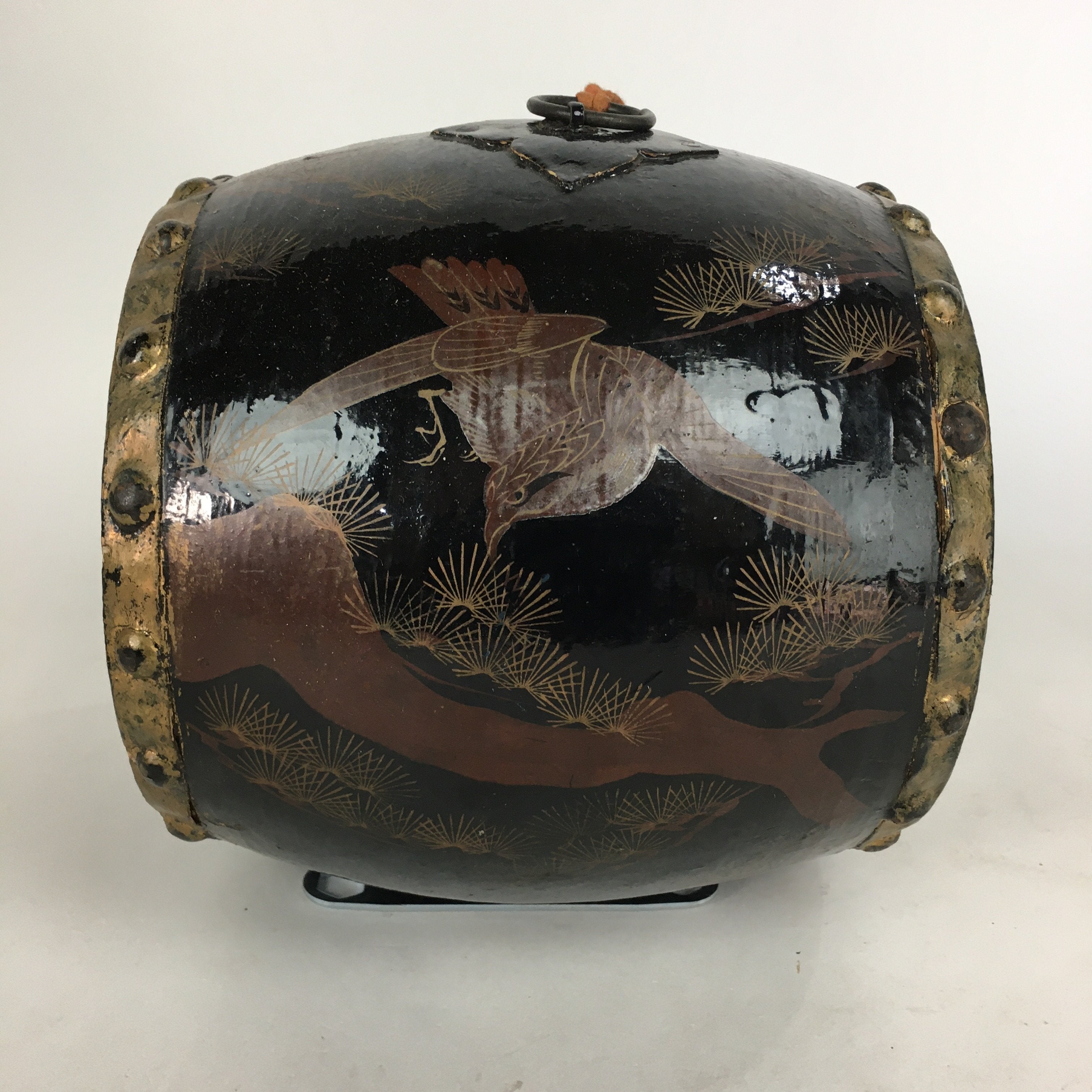 Japanese Lacquered Wooden Taiko Drum Vtg Hawk Pine Tree Boy's Day BD679