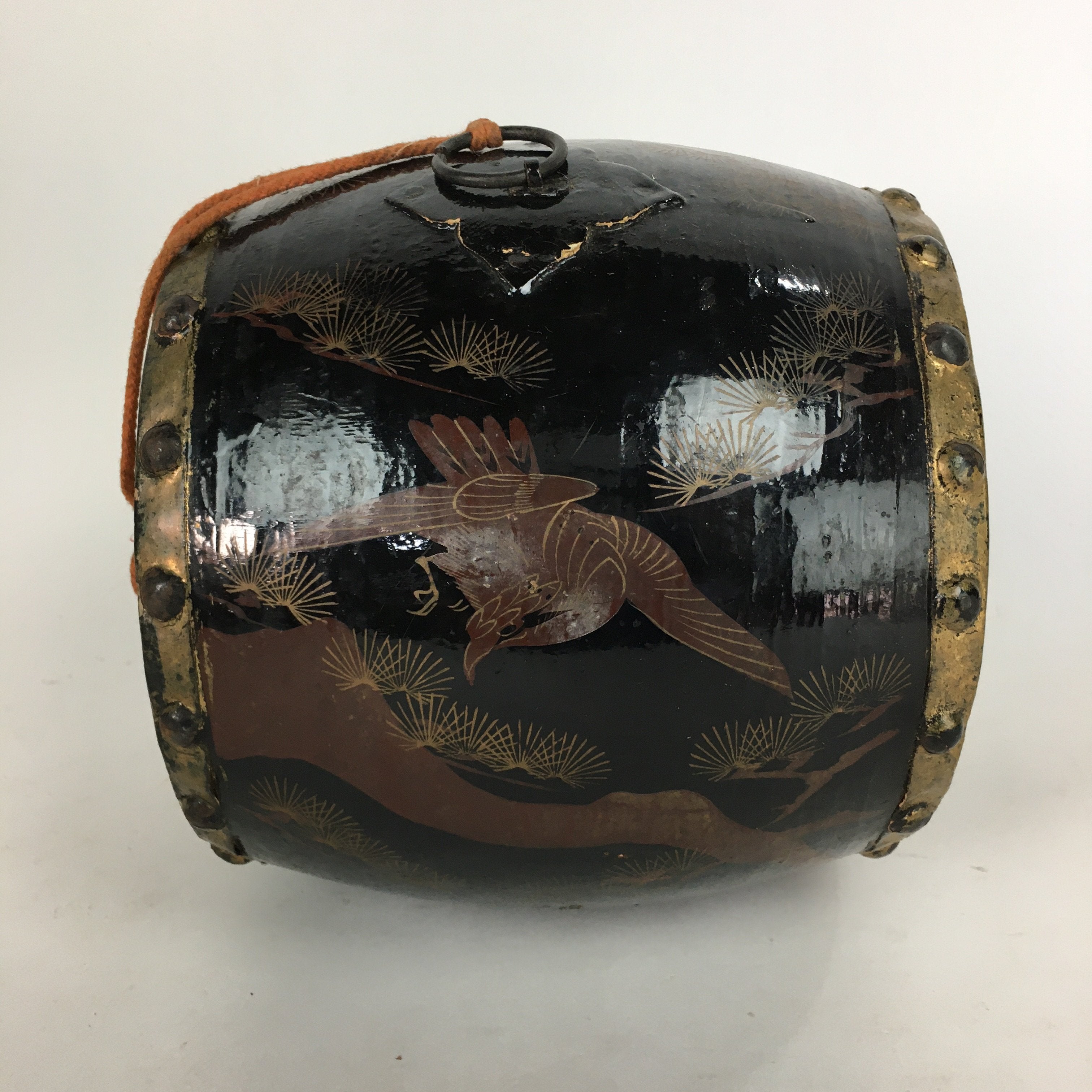 Japanese Lacquered Wooden Taiko Drum Vtg Hawk Pine Tree Boy's Day BD679