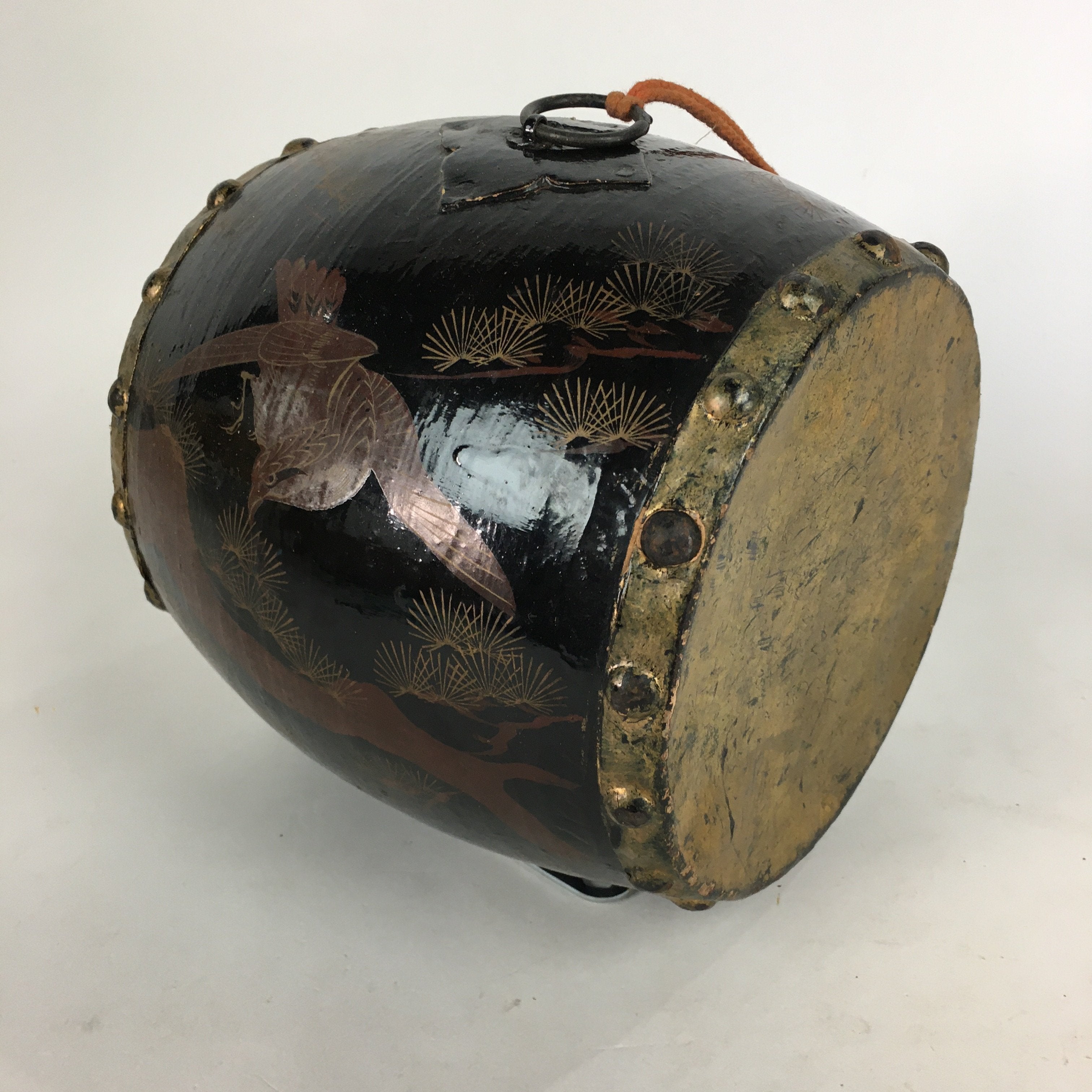 Japanese Lacquered Wooden Taiko Drum Vtg Hawk Pine Tree Boy's Day BD679
