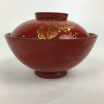 Japanese Lacquerware Lidded Bowl Vtg Gold Bird Owan Soup Bowl Red UR652