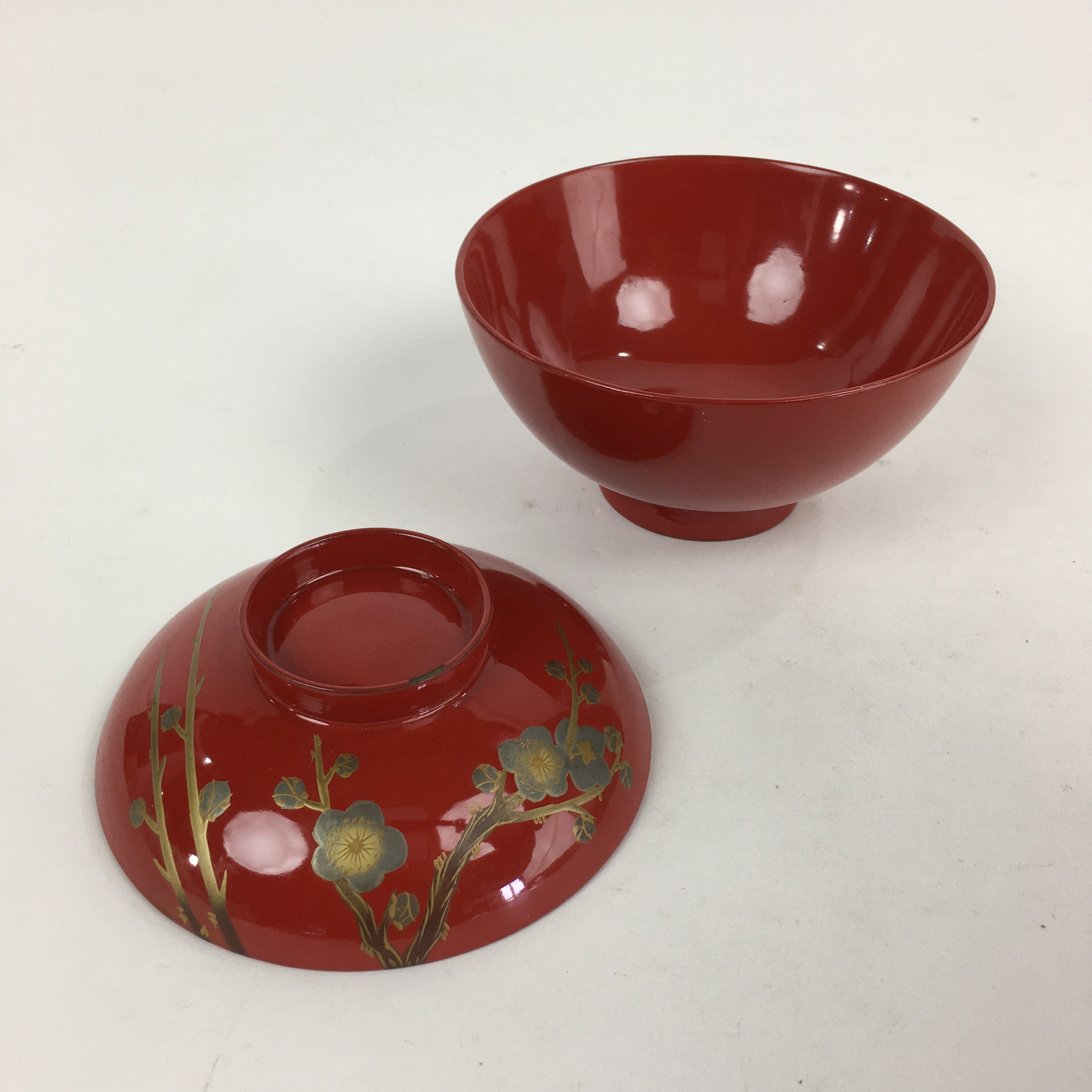 Japanese Lacquerware Lidded Bowl Vtg Maki-e Gold Owan Soup Bowl Red UR649