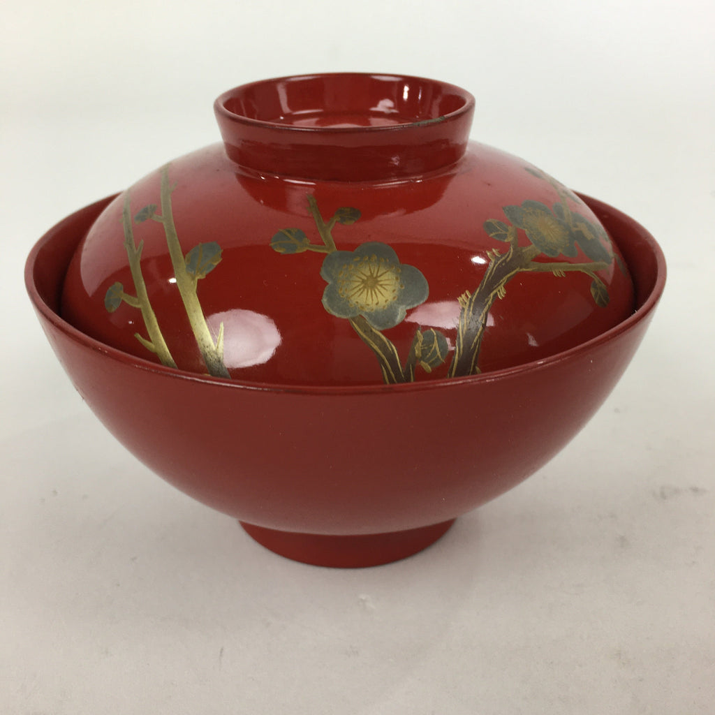 Japanese Lacquerware Lidded Bowl Vtg Maki-e Gold Owan Soup Bowl Red UR649