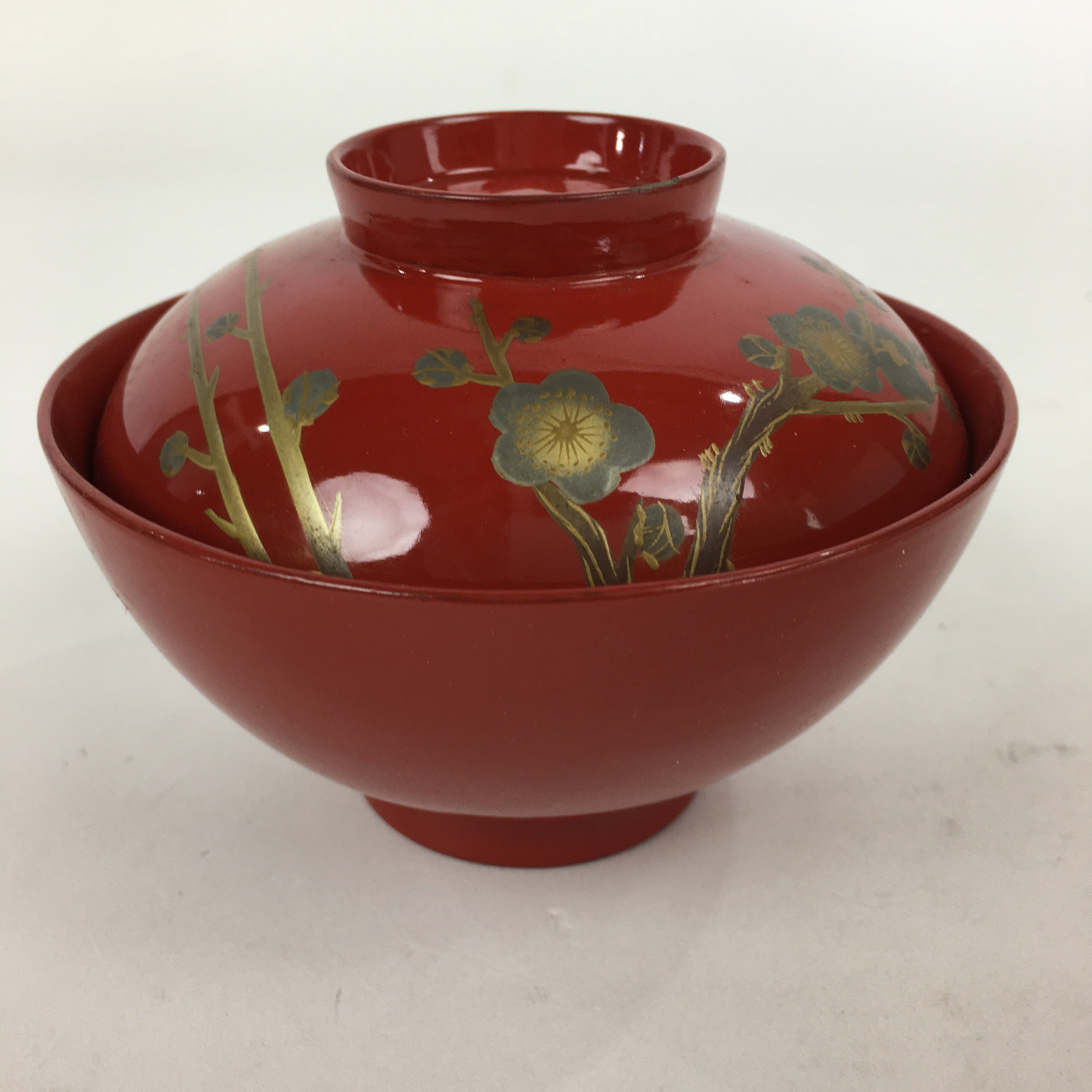 Japanese Lacquerware Lidded Bowl Vtg Maki-e Gold Owan Soup Bowl Red UR649