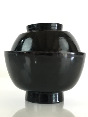 Japanese Lacquerware Lidded Bowl Vtg Urushi Black Owan Soup Rice LB39