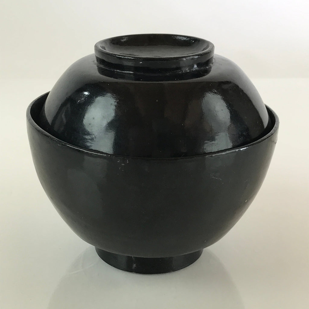 Japanese Lacquerware Lidded Bowl Vtg Urushi Black Owan Soup Rice LB42